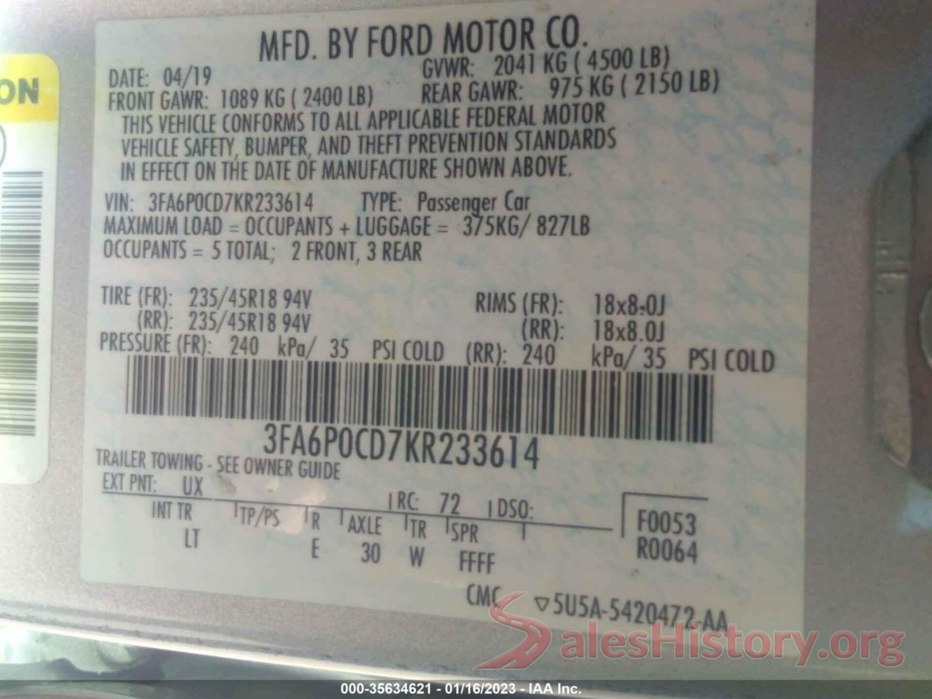 3FA6P0CD7KR233614 2019 FORD FUSION