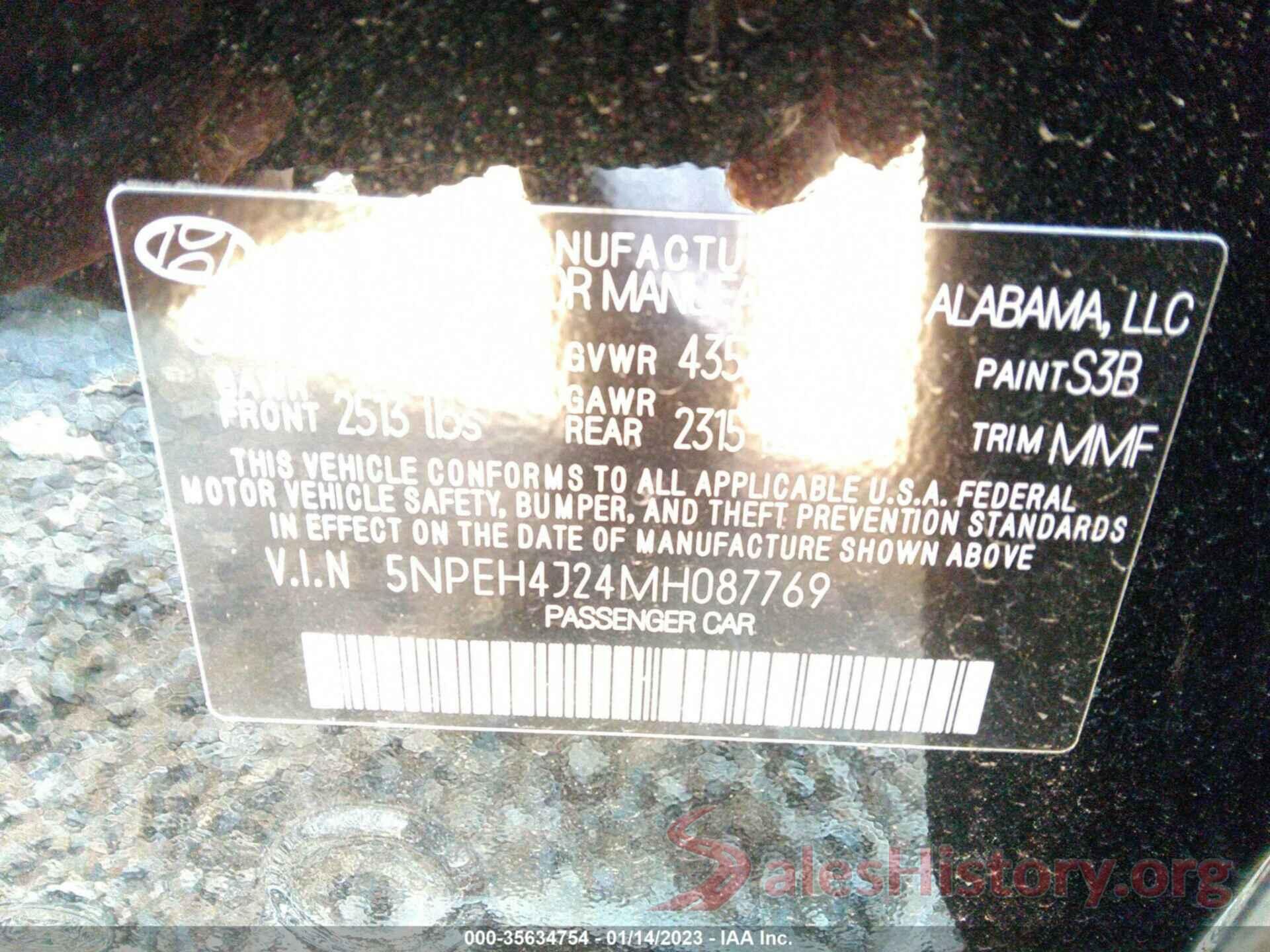 5NPEH4J24MH087769 2021 HYUNDAI SONATA