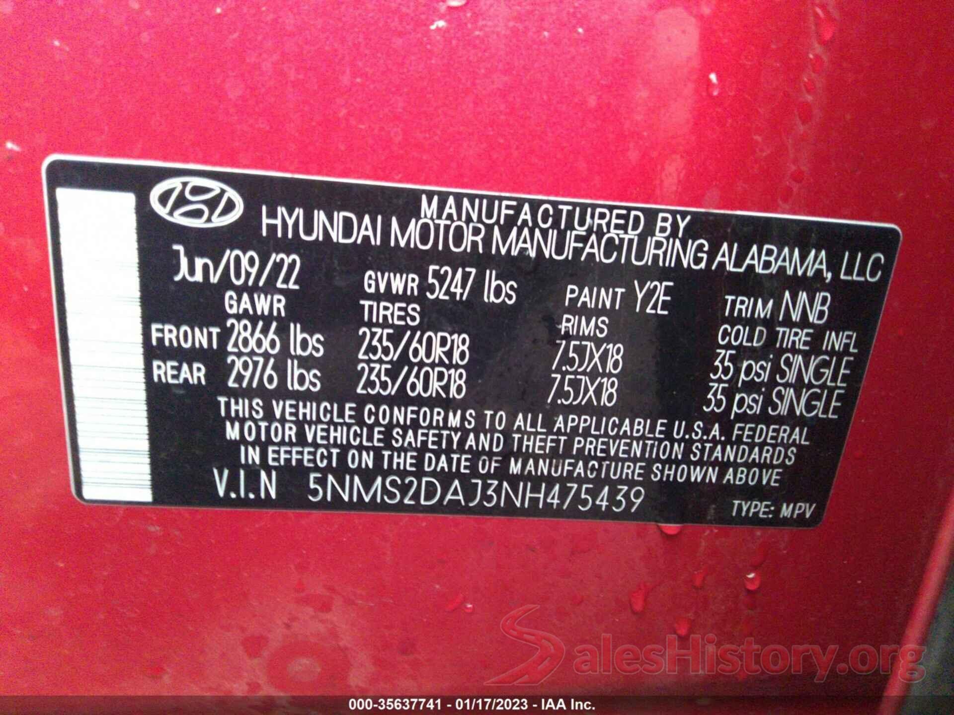 5NMS2DAJ3NH475439 2022 HYUNDAI SANTA FE