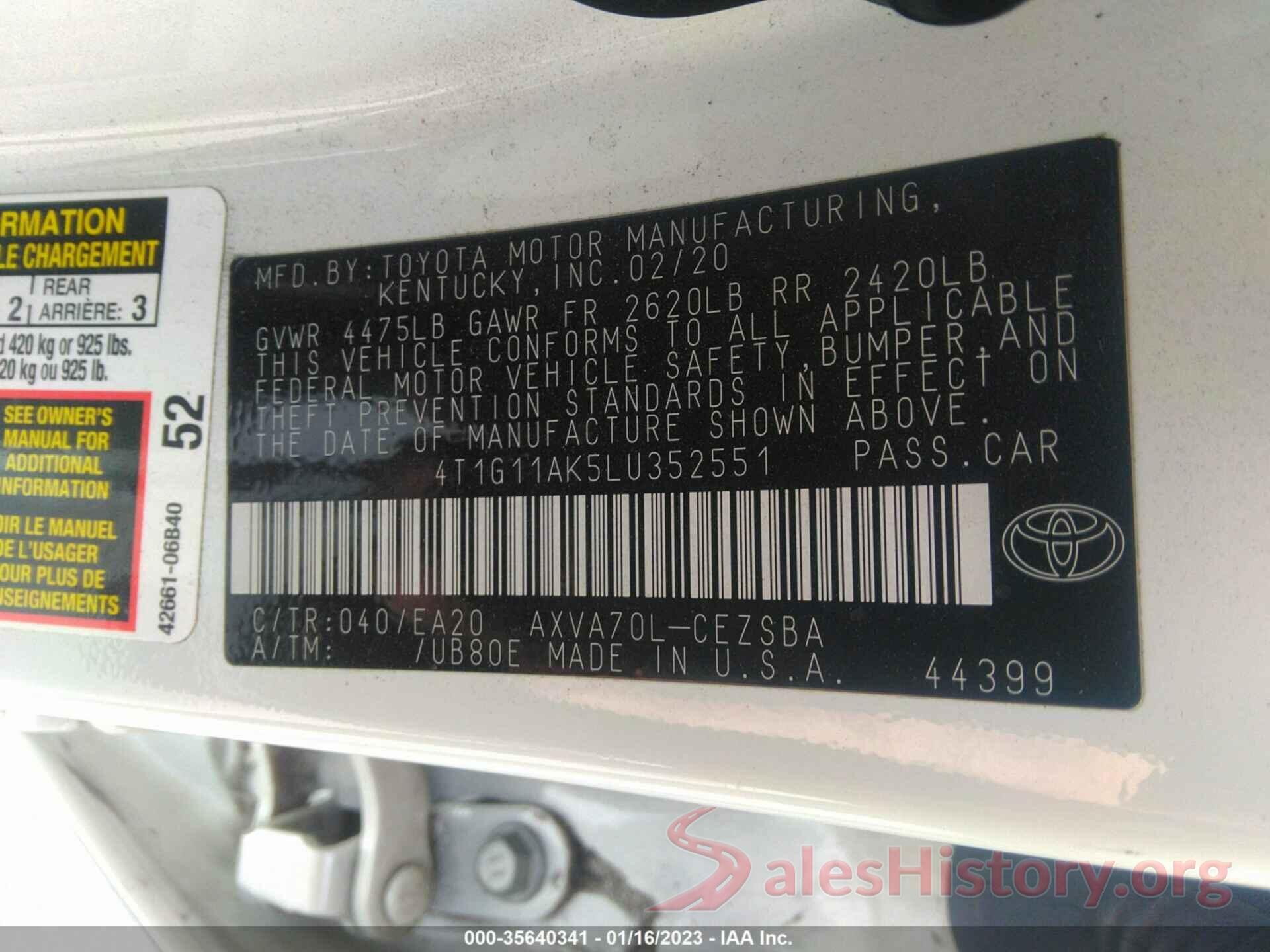 4T1G11AK5LU352551 2020 TOYOTA CAMRY