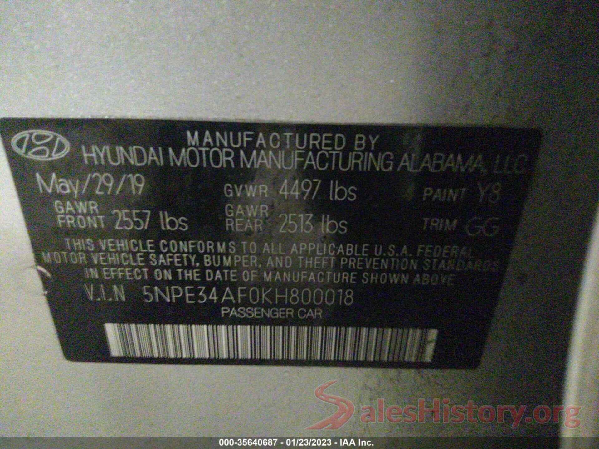 5NPE34AF0KH800018 2019 HYUNDAI SONATA