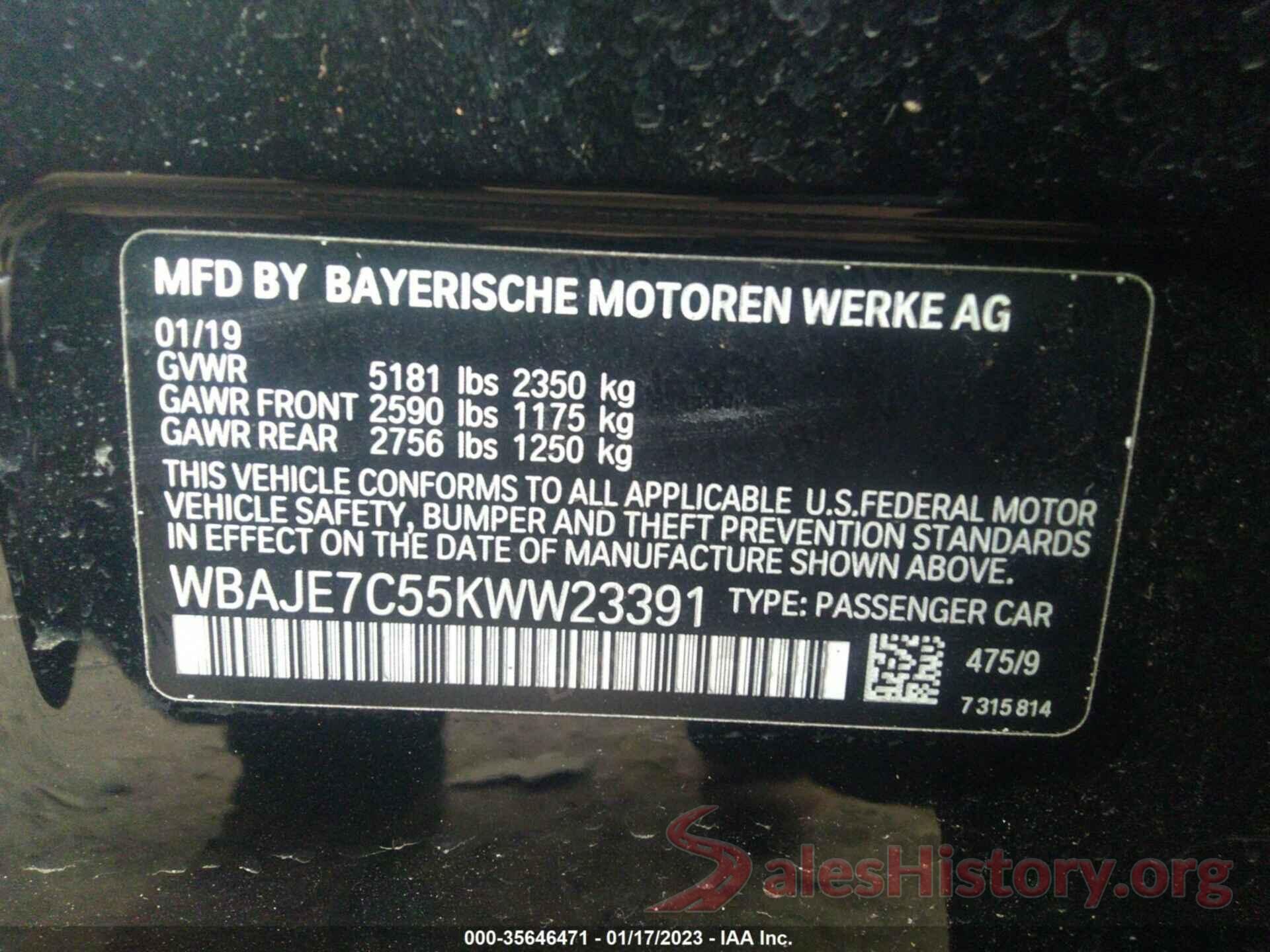 WBAJE7C55KWW23391 2019 BMW 5 SERIES