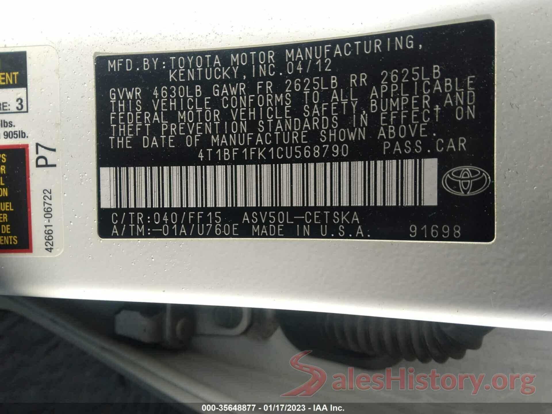 4T1BF1FK1CU568790 2012 TOYOTA CAMRY