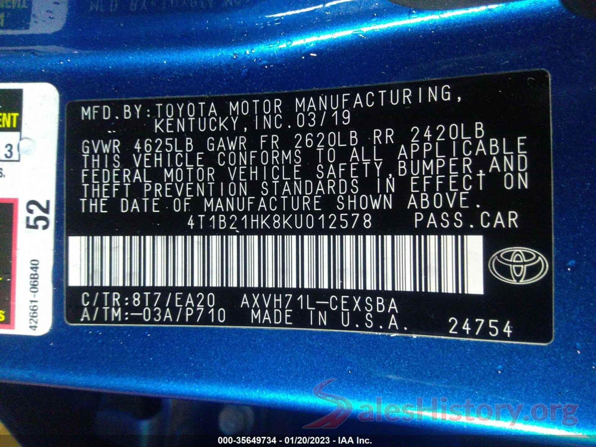 4T1B21HK8KU012578 2019 TOYOTA CAMRY