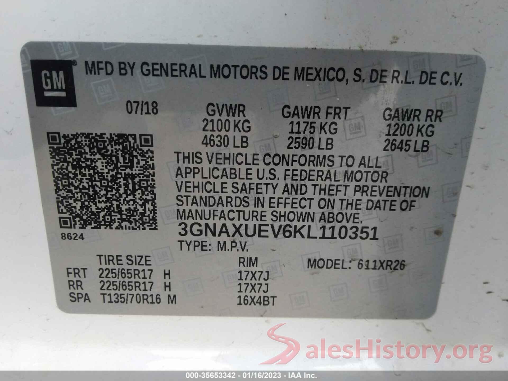 3GNAXUEV6KL110351 2019 CHEVROLET EQUINOX