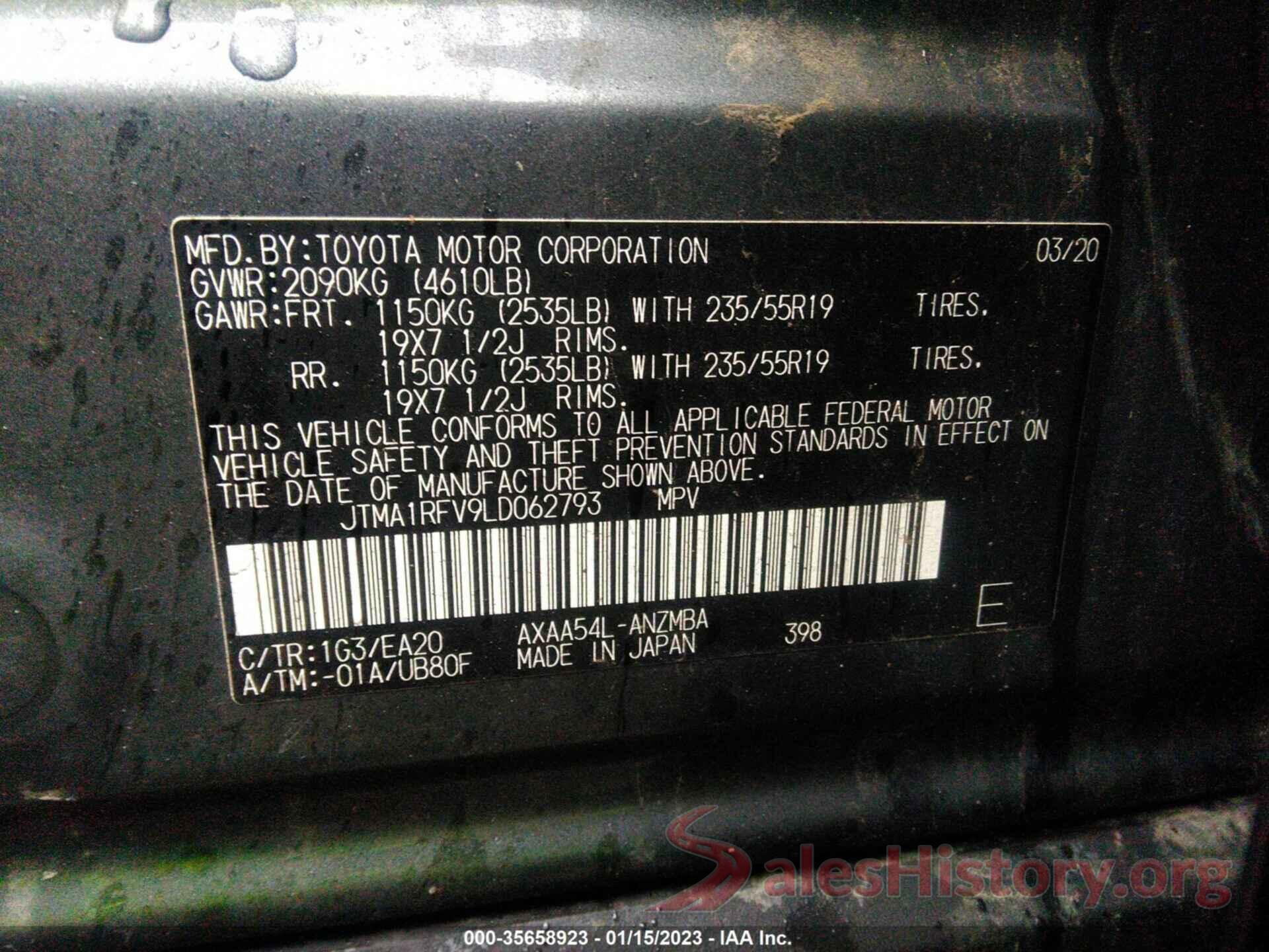 JTMA1RFV9LD062793 2020 TOYOTA RAV4