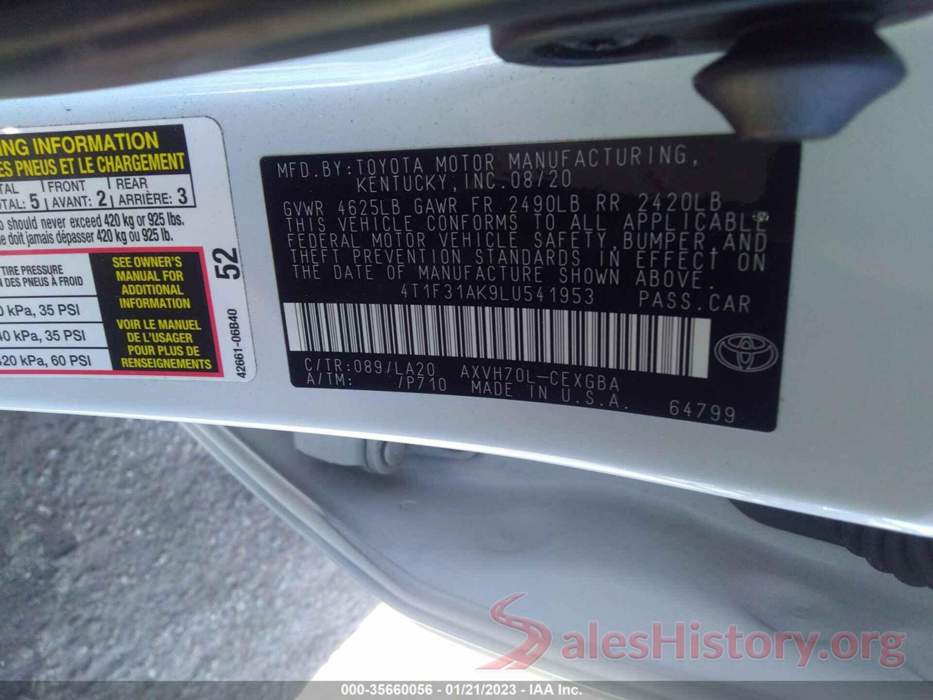 4T1F31AK9LU541953 2020 TOYOTA CAMRY