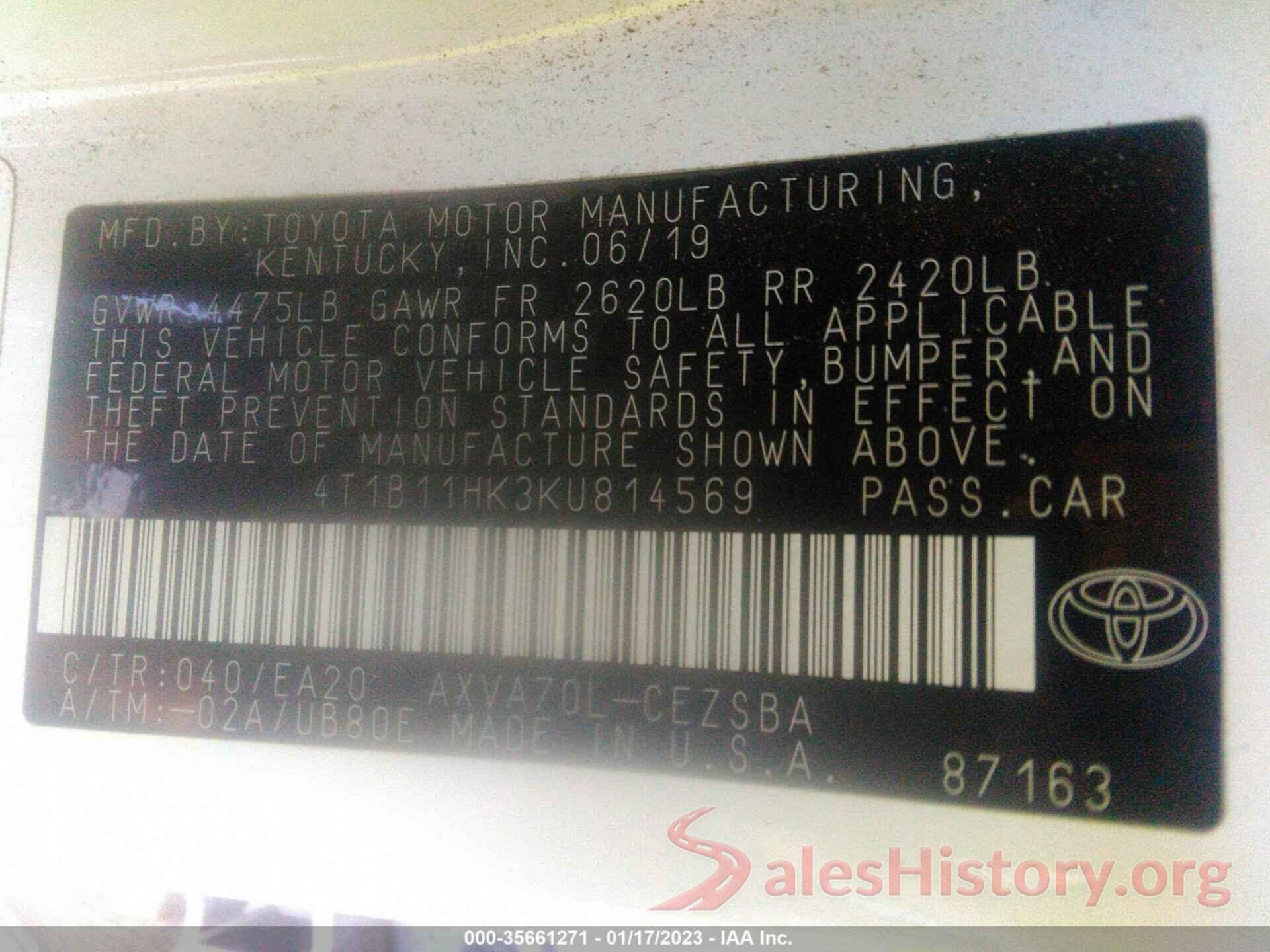 4T1B11HK3KU814569 2019 TOYOTA CAMRY