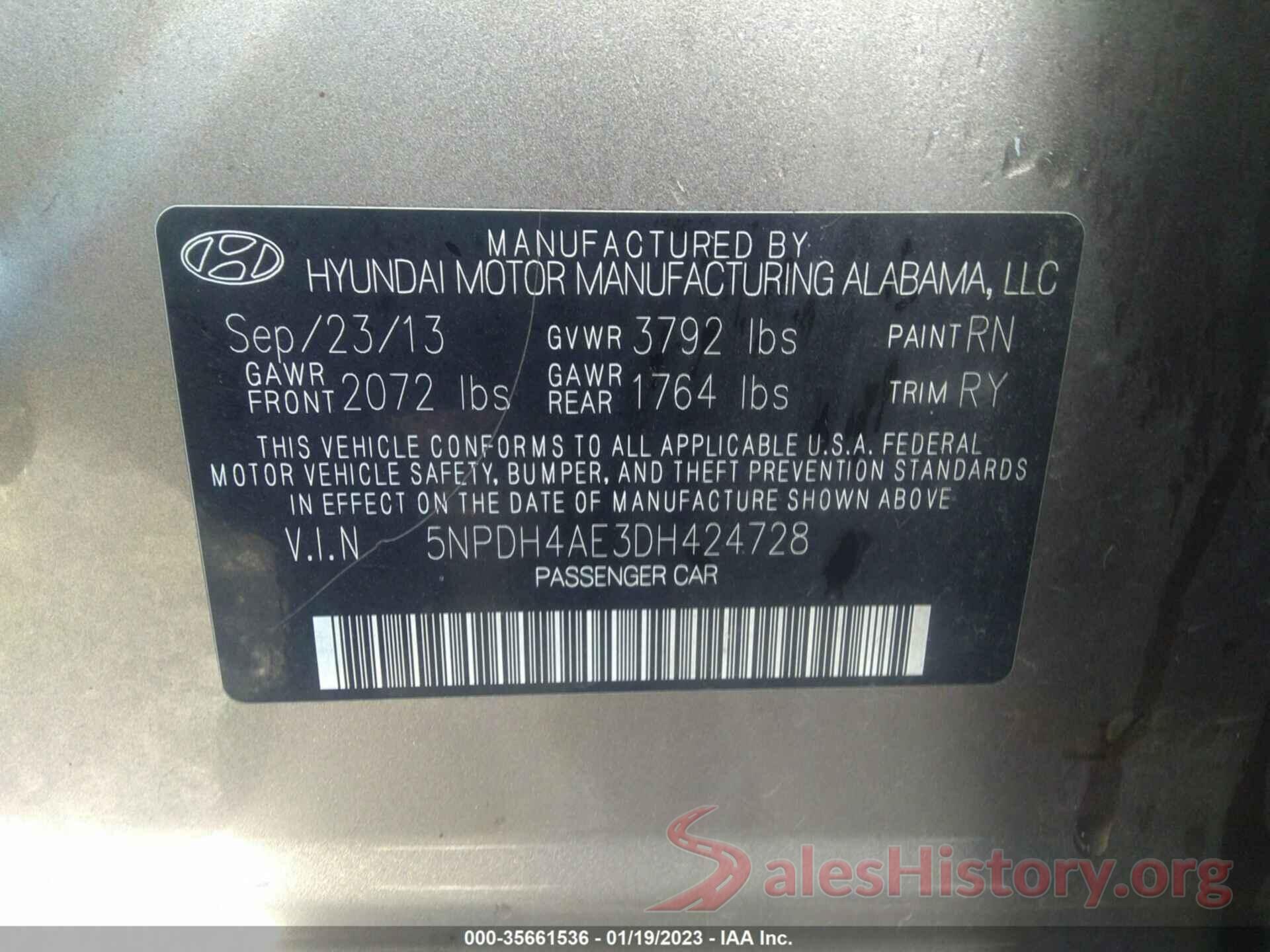 5NPDH4AE3DH424728 2013 HYUNDAI ELANTRA