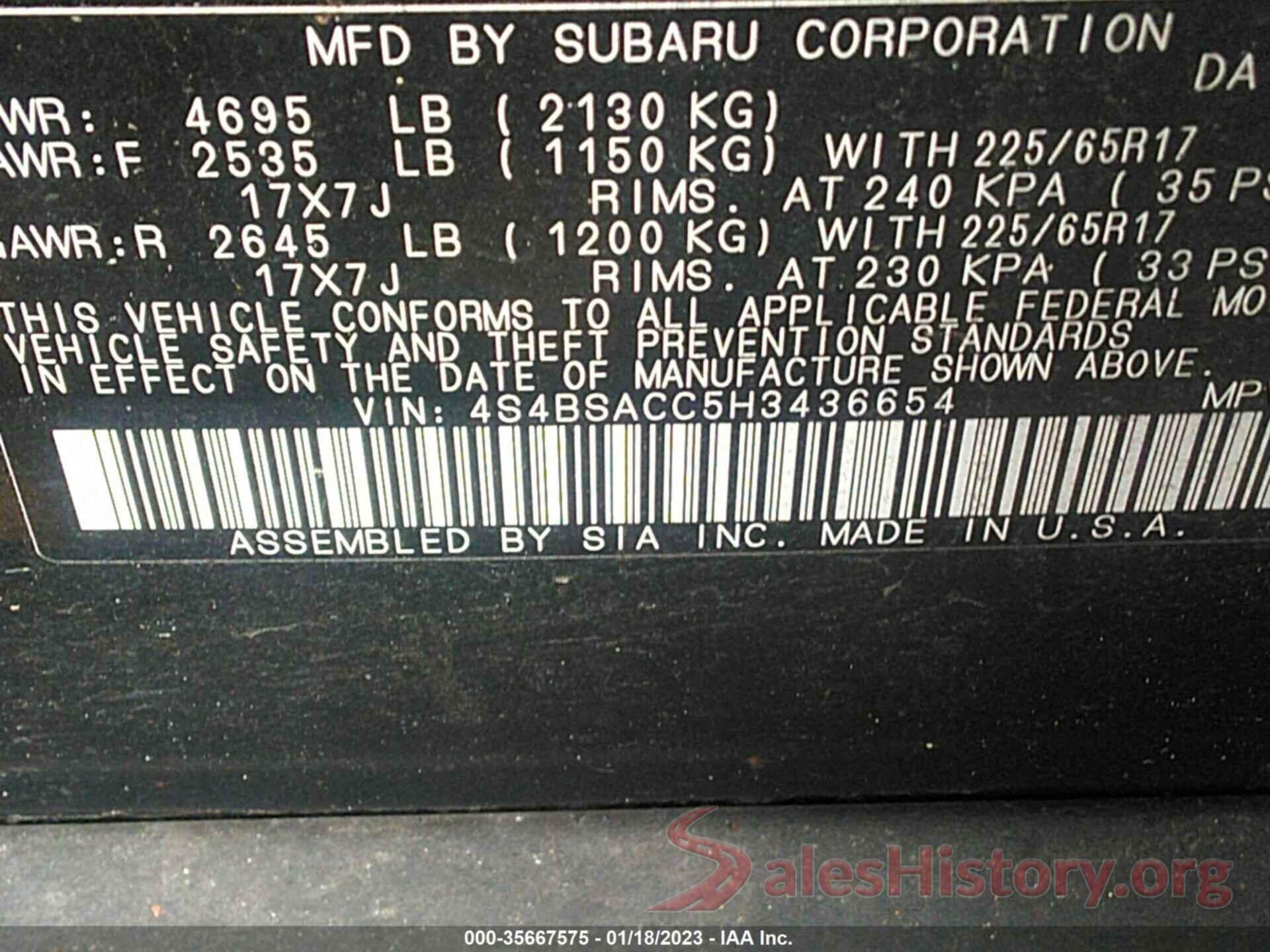 4S4BSACC5H3436654 2017 SUBARU OUTBACK