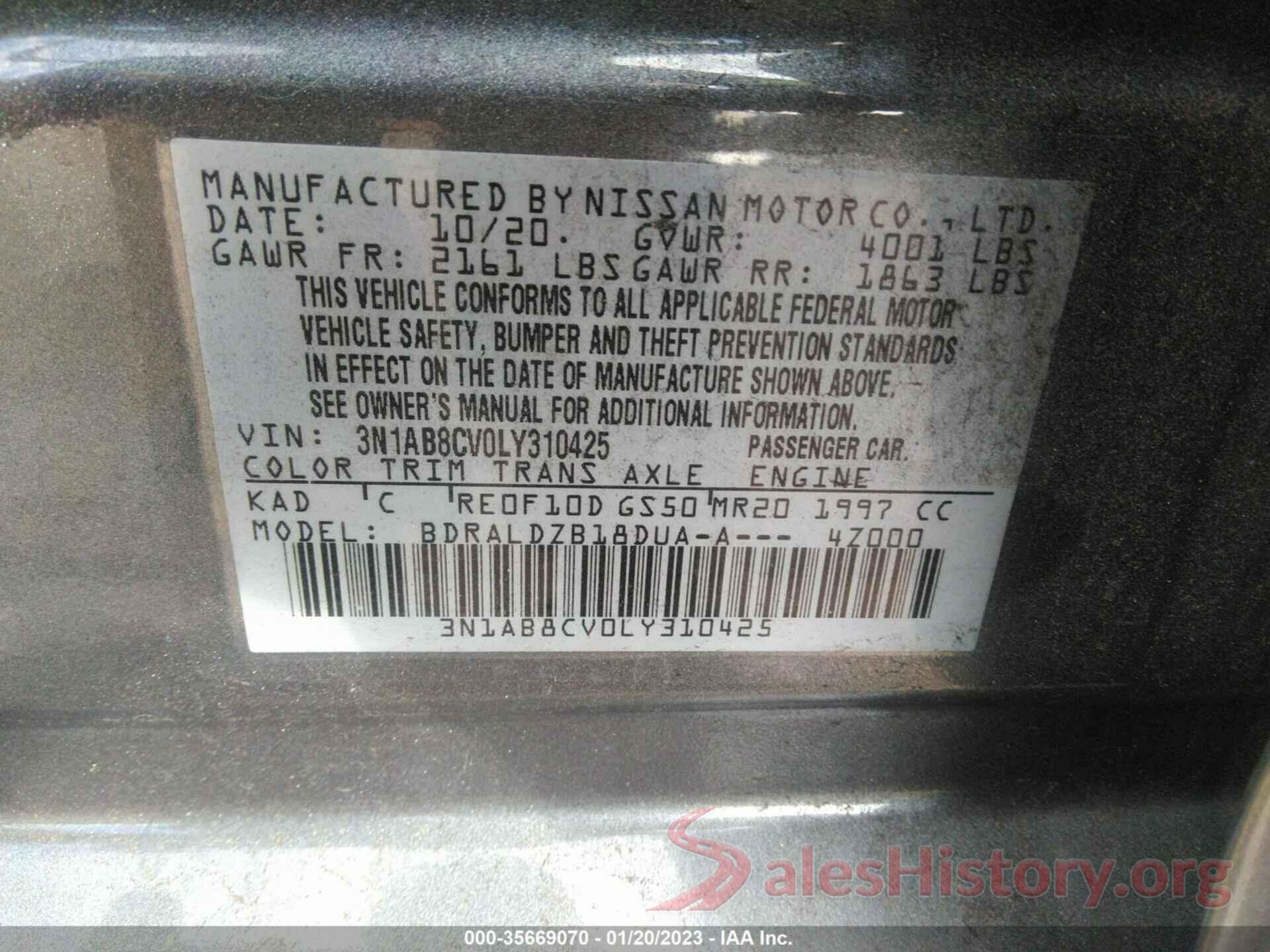 3N1AB8CV0LY310425 2020 NISSAN SENTRA