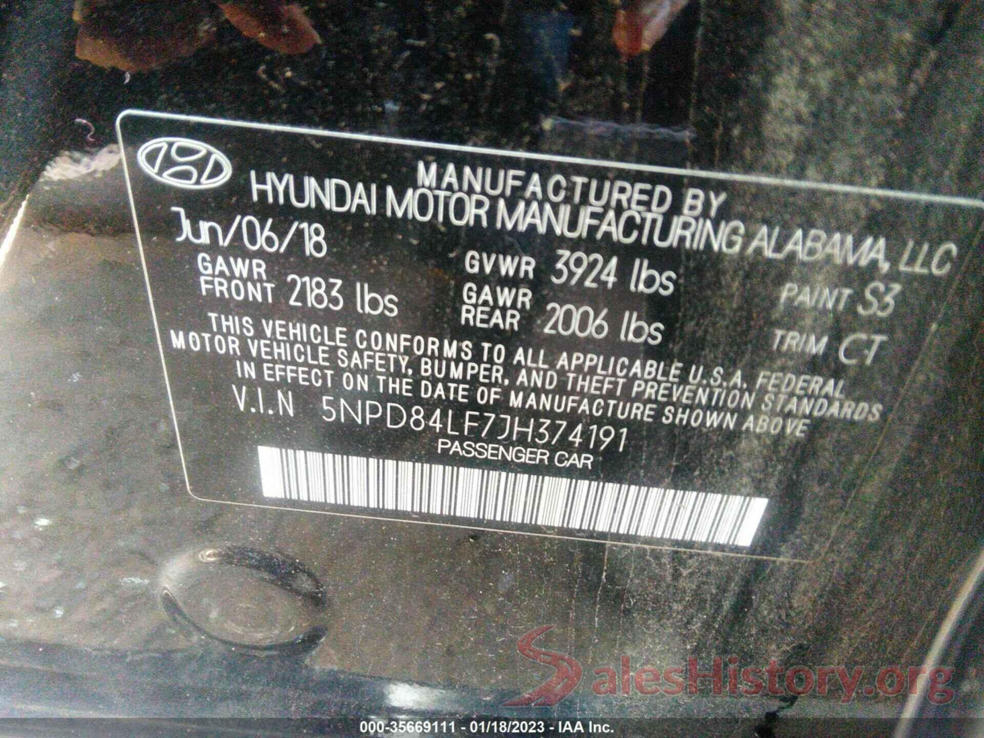 5NPD84LF7JH374191 2018 HYUNDAI ELANTRA