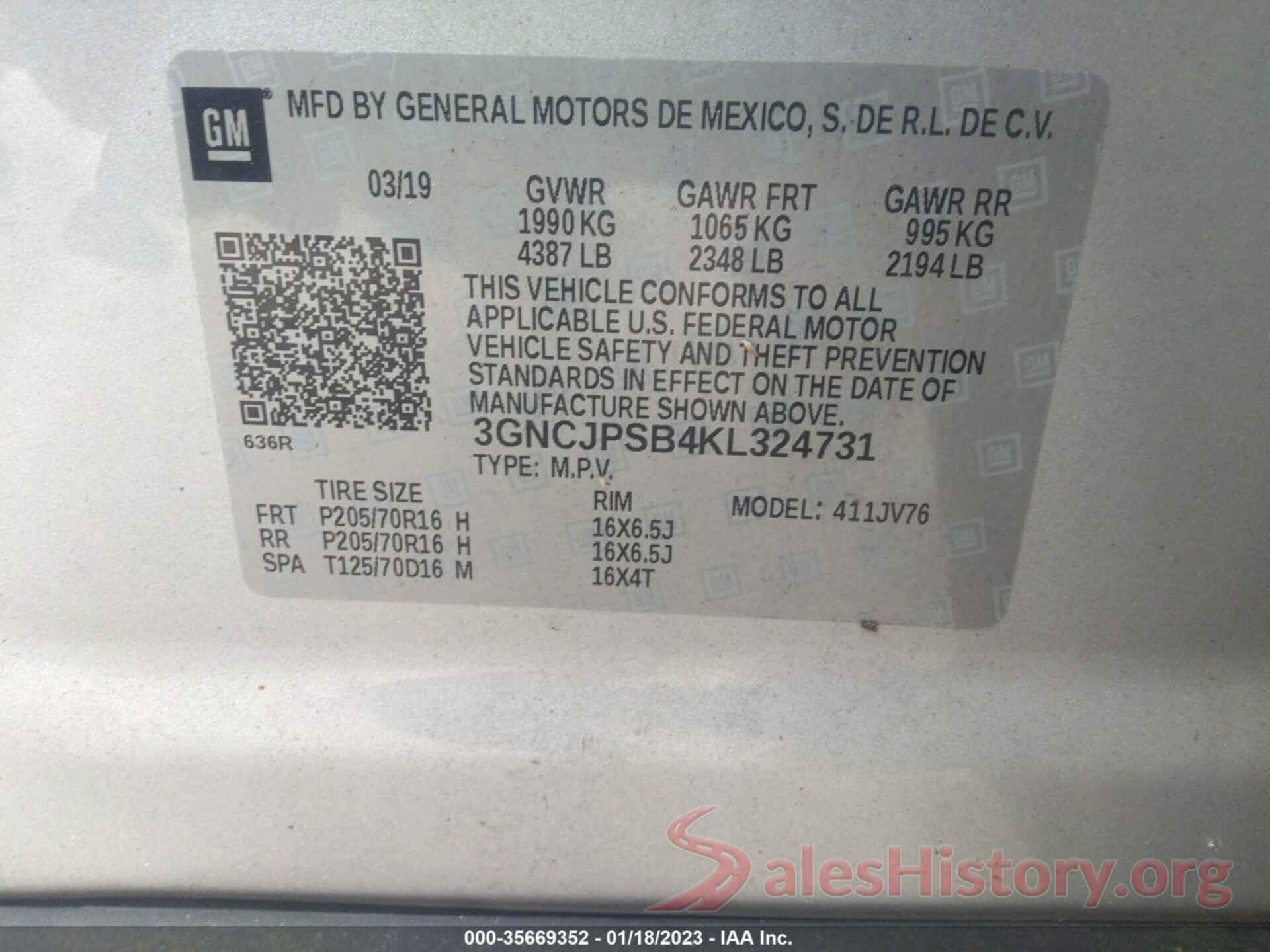 3GNCJPSB4KL324731 2019 CHEVROLET TRAX