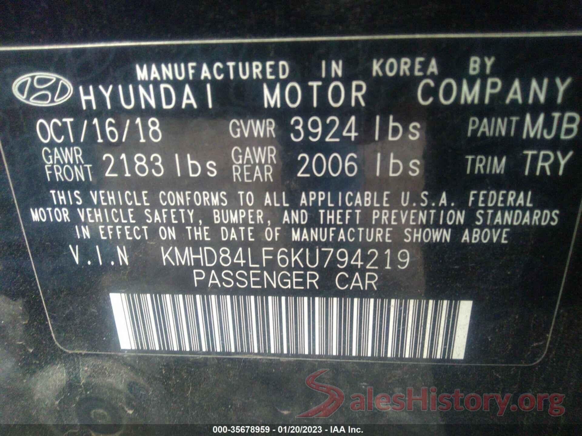 KMHD84LF6KU794219 2019 HYUNDAI ELANTRA