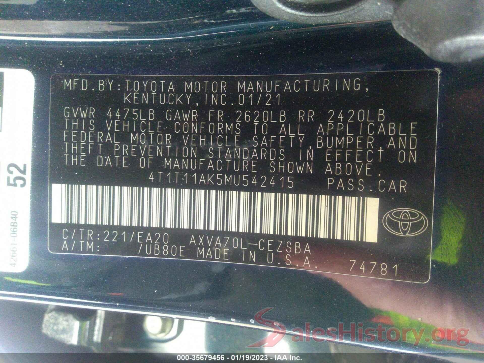 4T1T11AK5MU542415 2021 TOYOTA CAMRY