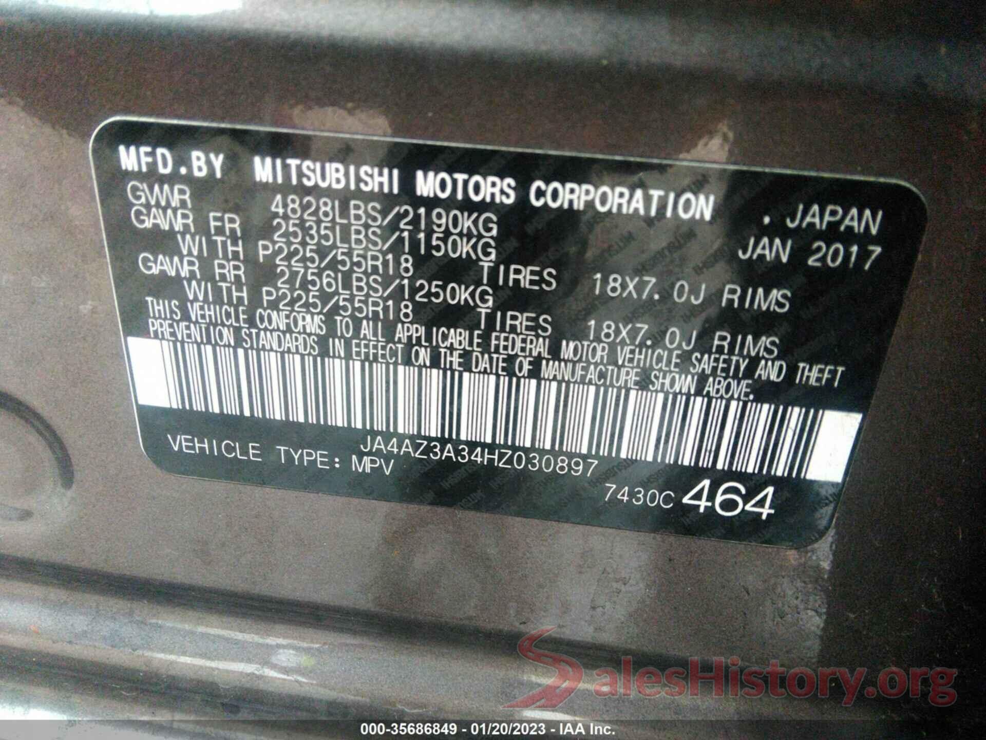 JA4AZ3A34HZ030897 2017 MITSUBISHI OUTLANDER