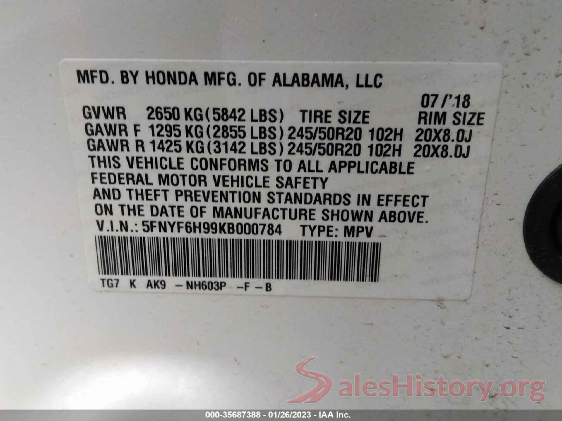 5FNYF6H99KB000784 2019 HONDA PILOT