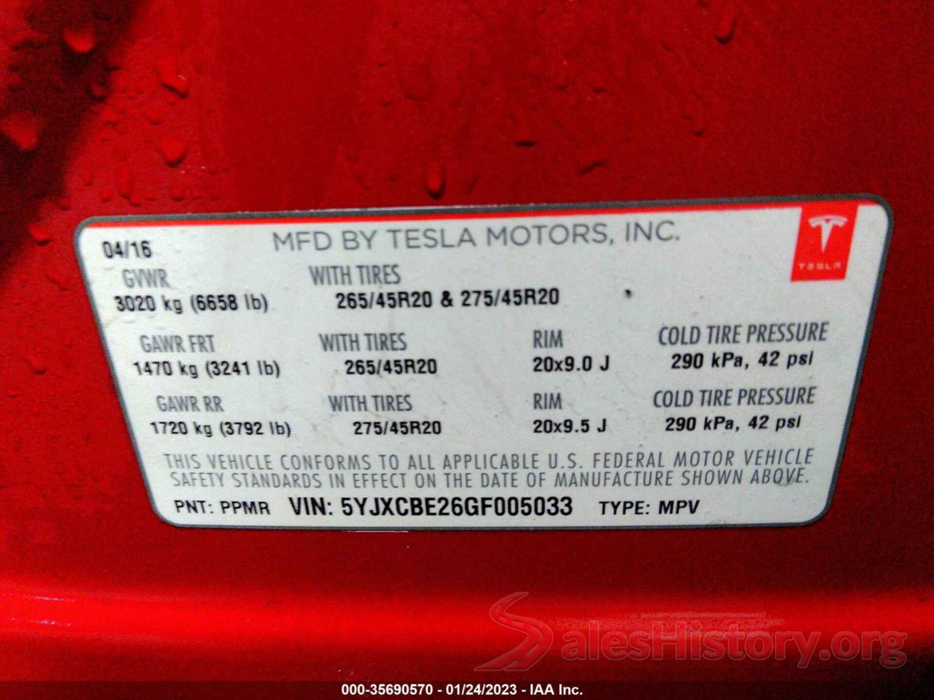 5YJXCBE26GF005033 2016 TESLA MODEL X