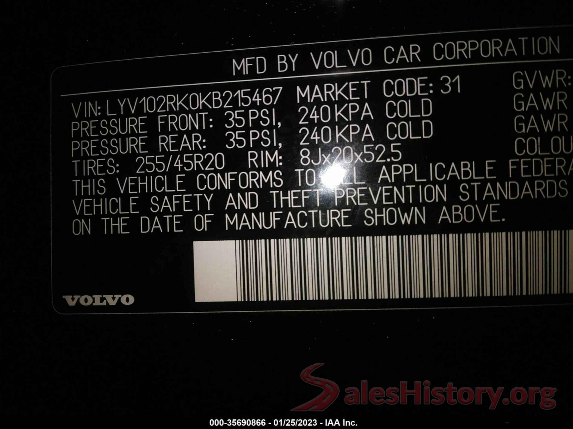 LYV102RK0KB215467 2019 VOLVO XC60