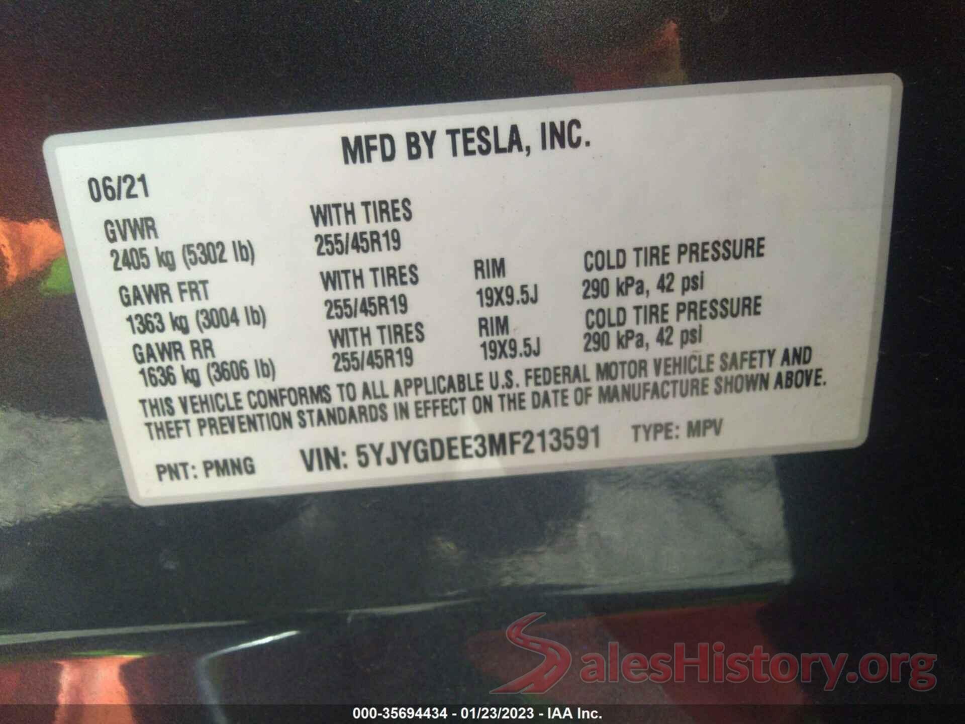 5YJYGDEE3MF213591 2021 TESLA MODEL Y