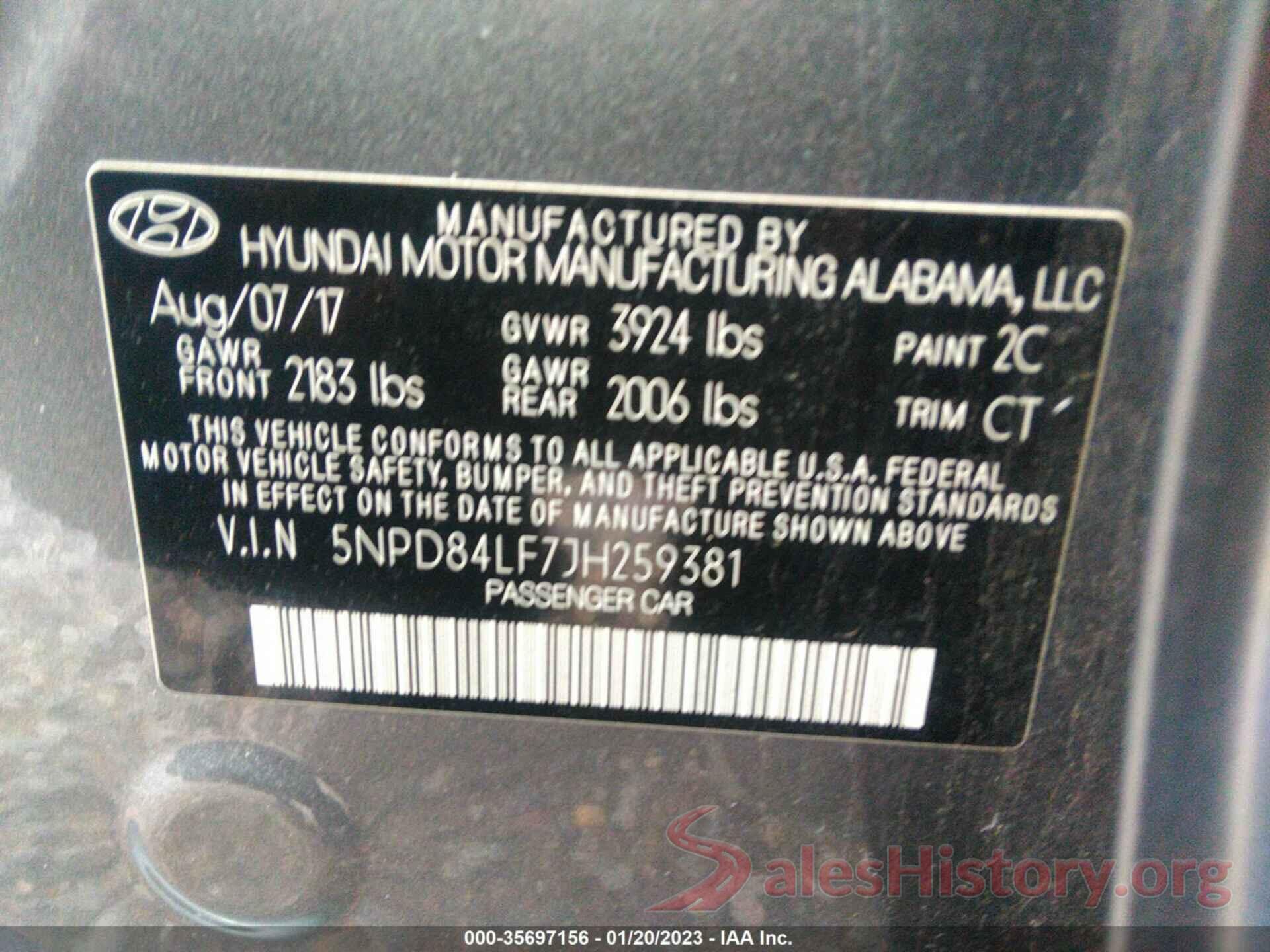 5NPD84LF7JH259381 2018 HYUNDAI ELANTRA