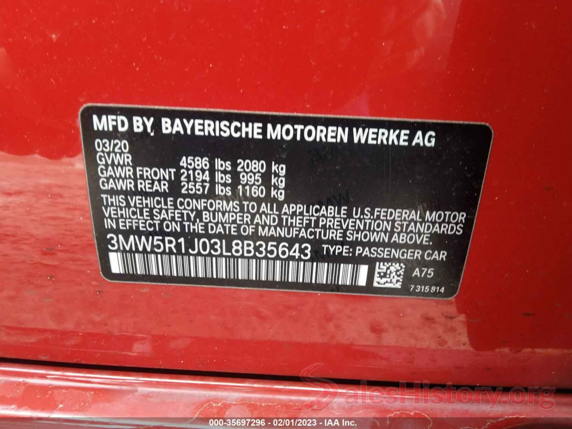 3MW5R1J03L8B35643 2020 BMW 3 SERIES