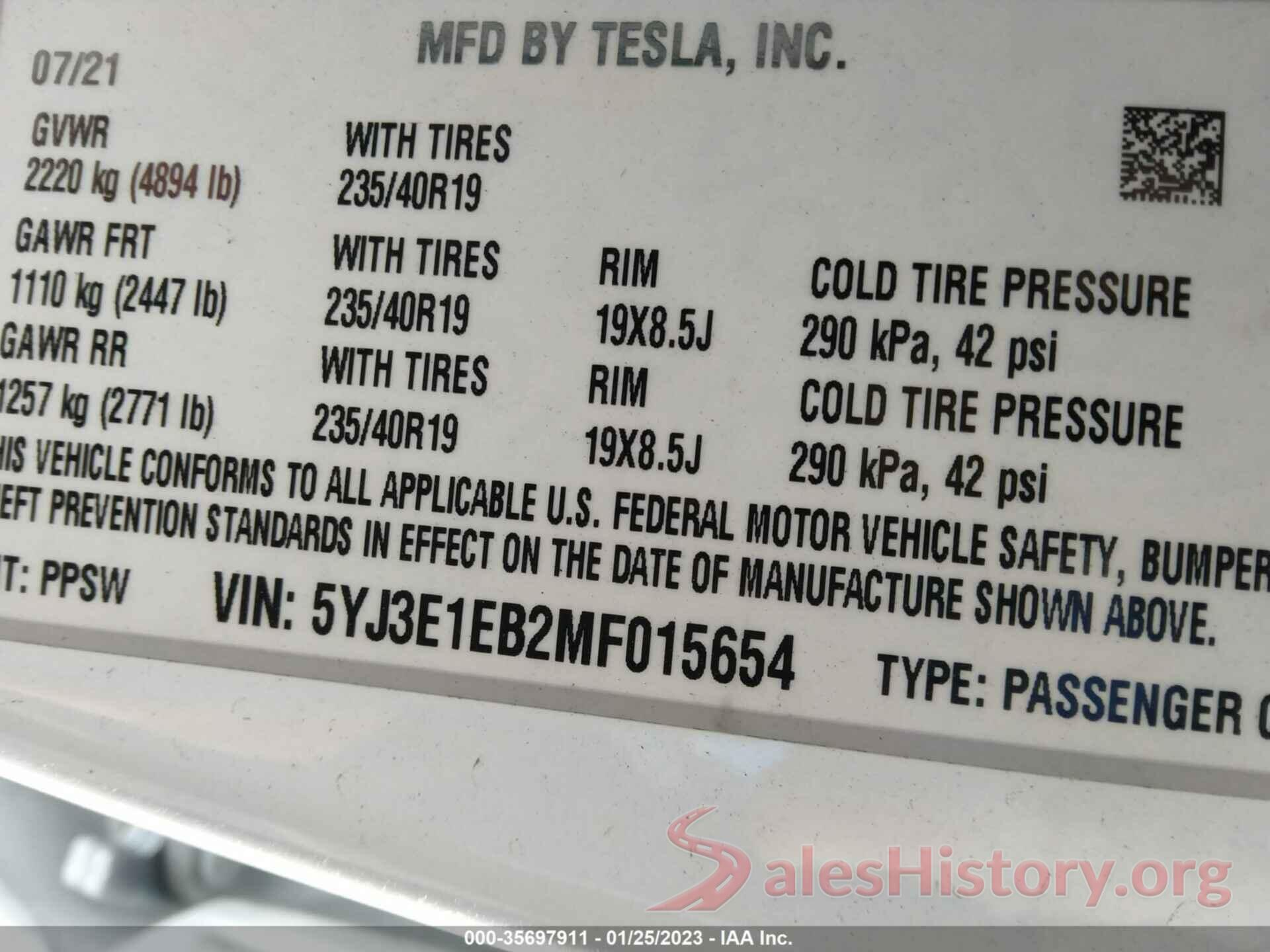 5YJ3E1EB2MF015654 2021 TESLA MODEL 3