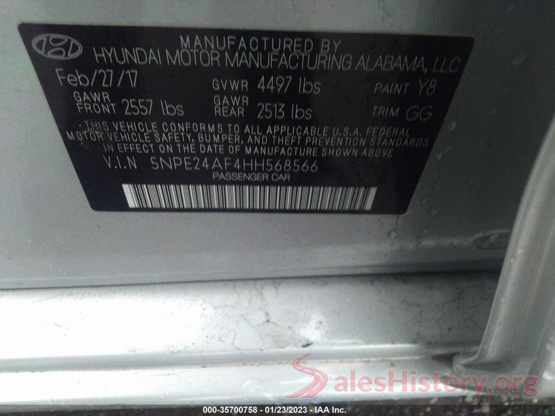 5NPE24AF4HH568566 2017 HYUNDAI SONATA