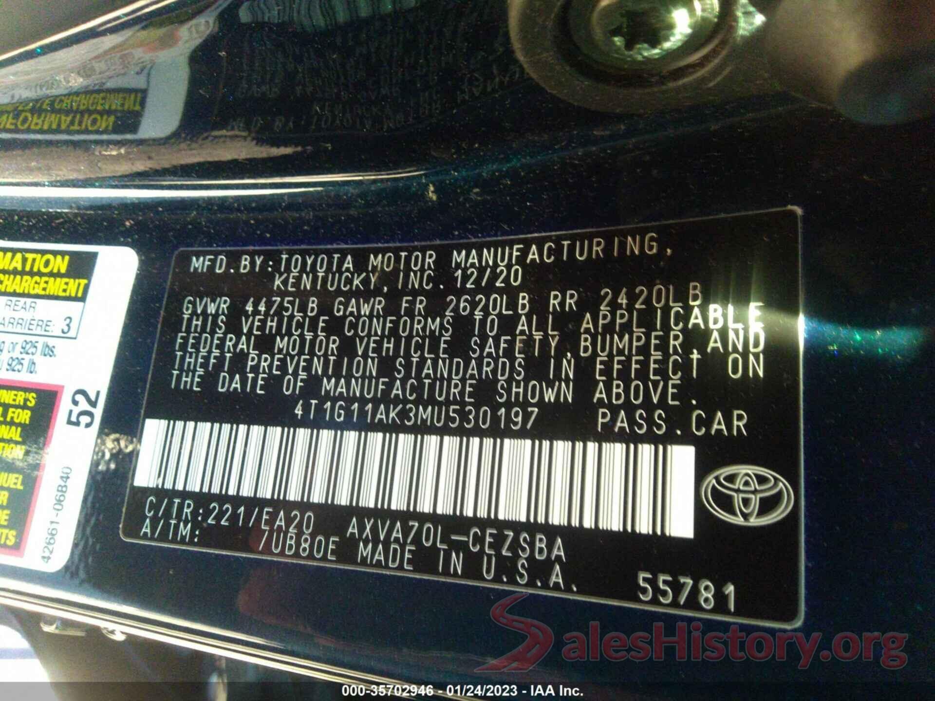 4T1G11AK3MU530197 2021 TOYOTA CAMRY