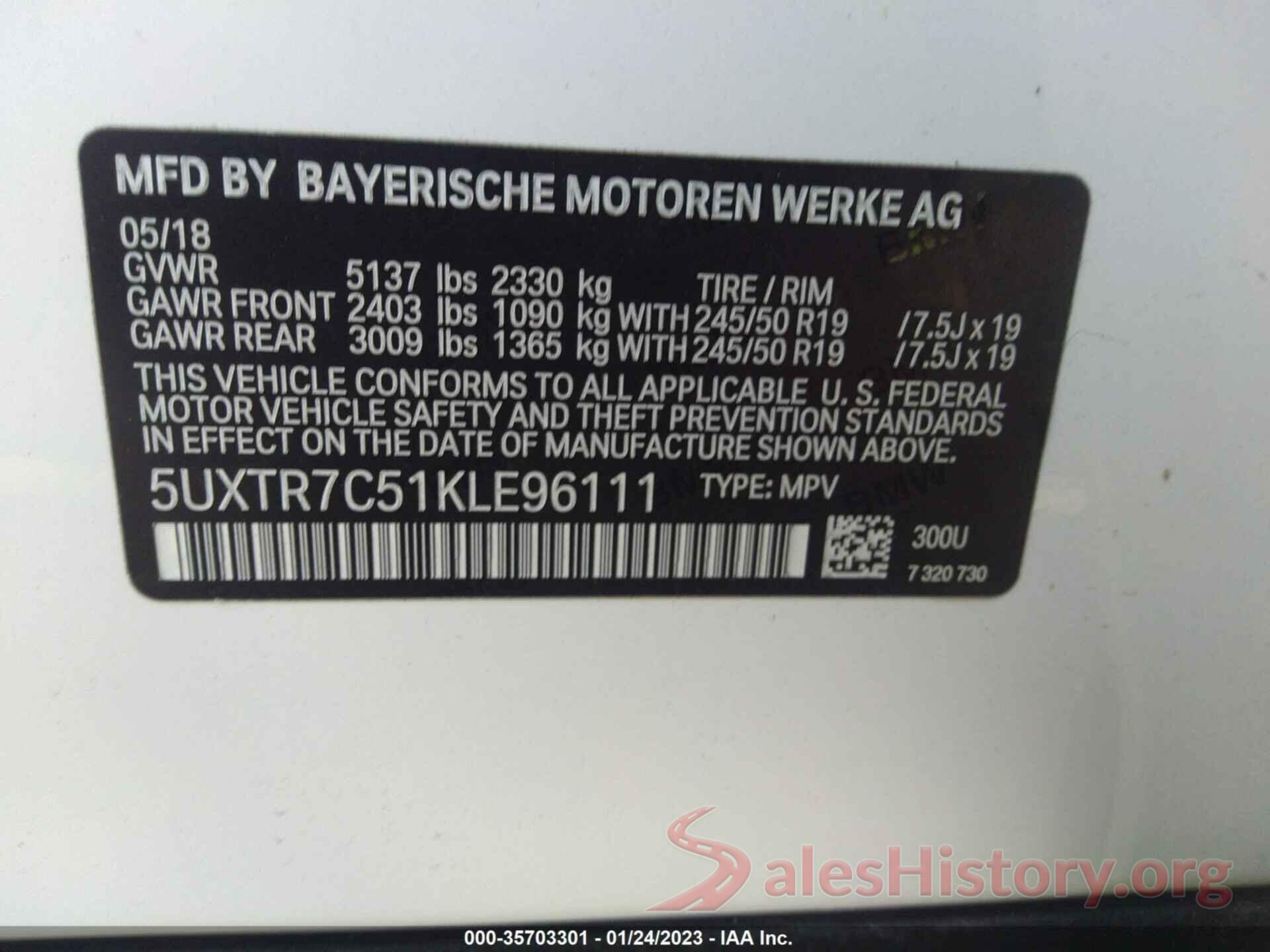 5UXTR7C51KLE96111 2019 BMW X3