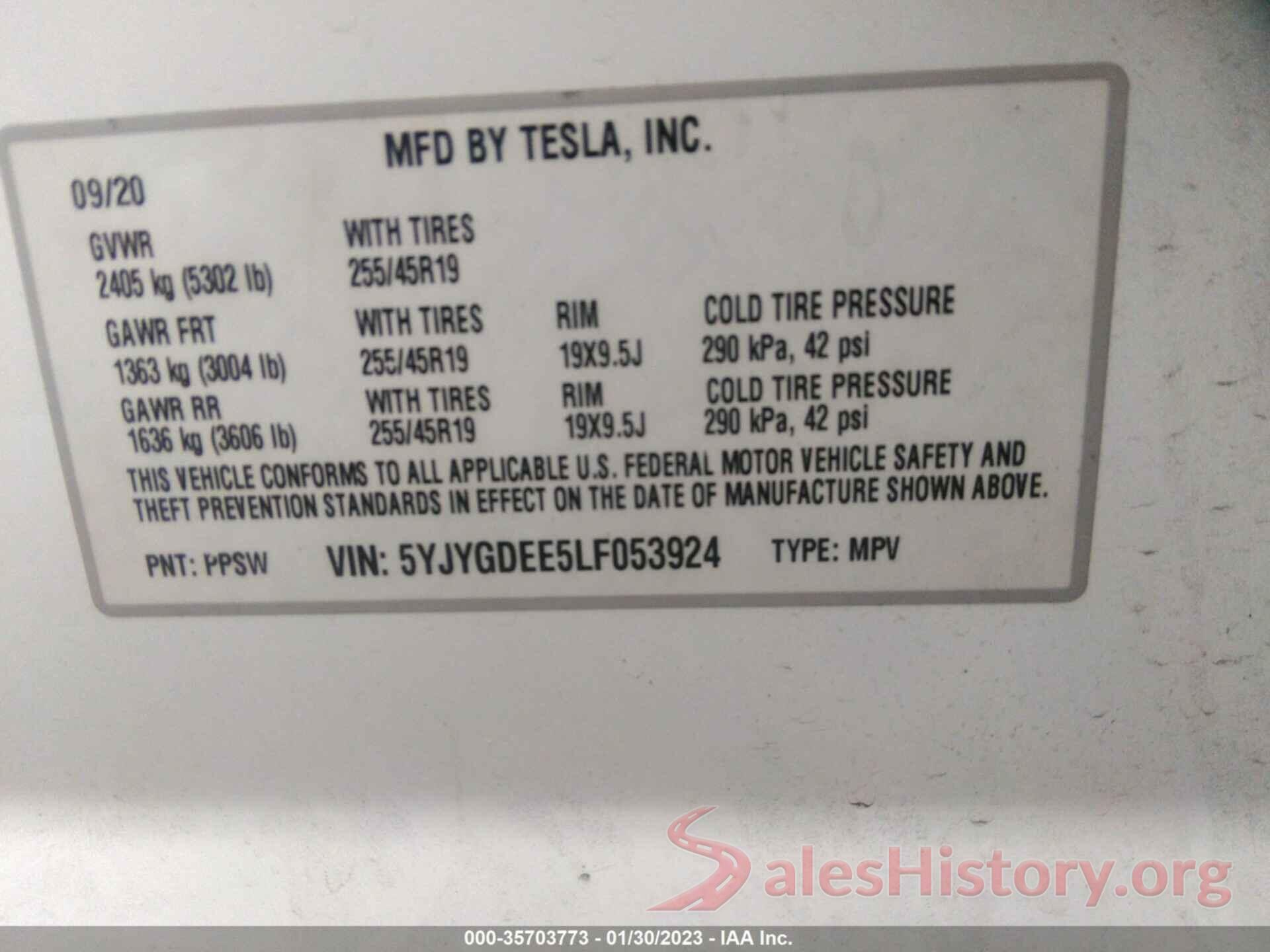 5YJYGDEE5LF053924 2020 TESLA MODEL Y