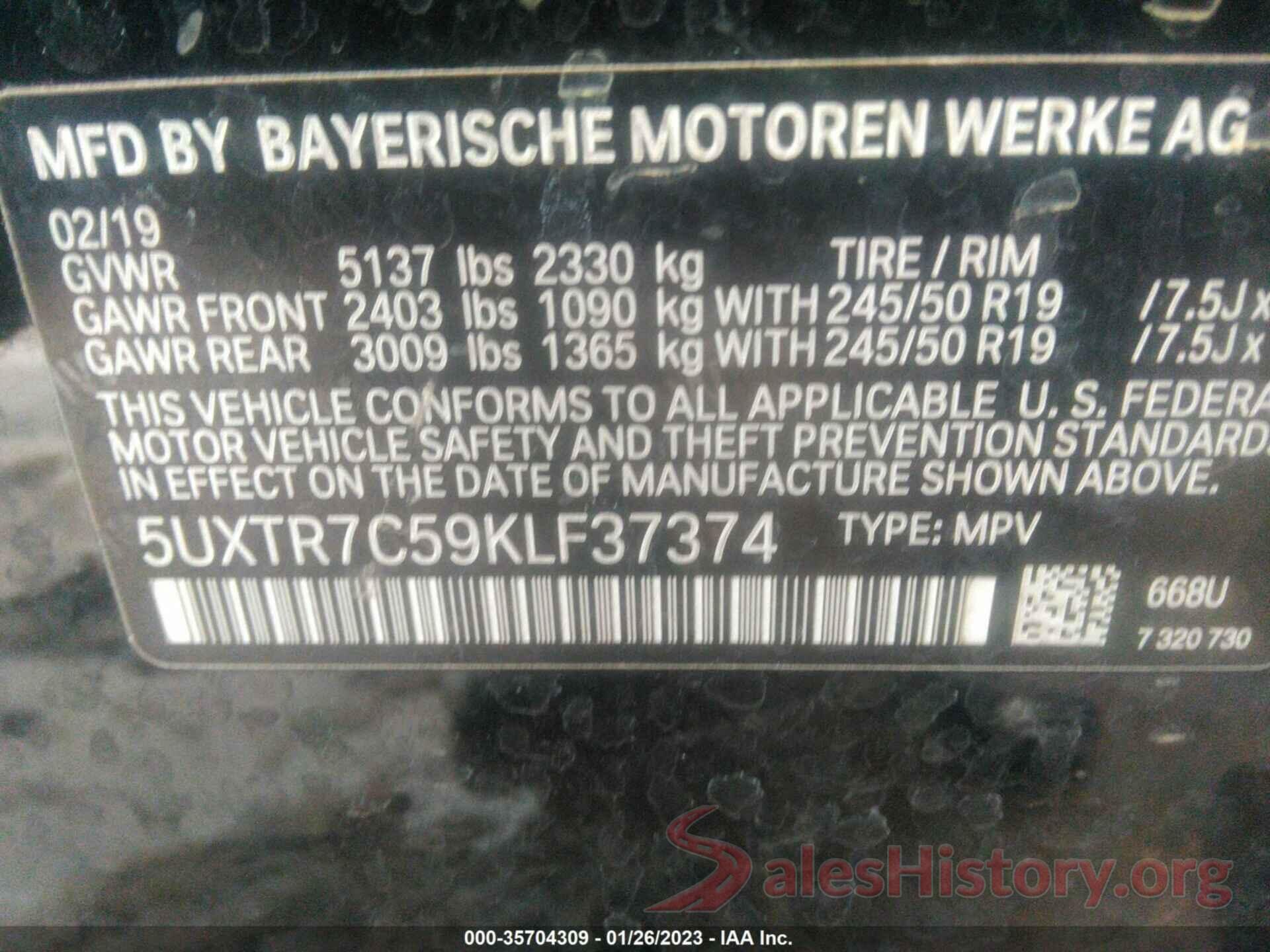 5UXTR7C59KLF37374 2019 BMW X3