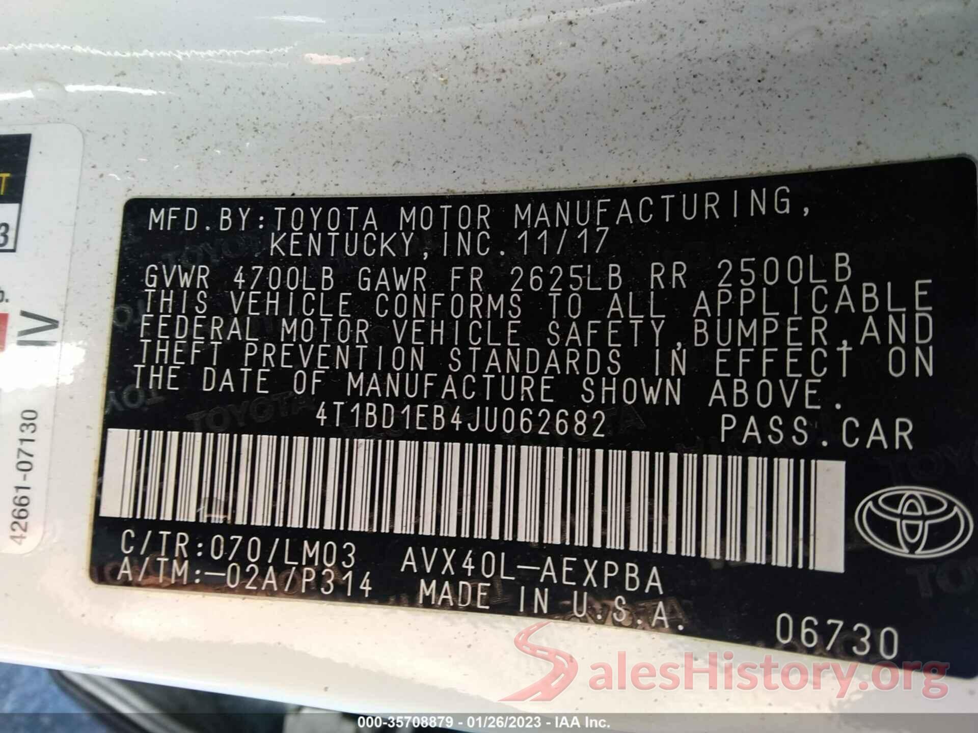 4T1BD1EB4JU062682 2018 TOYOTA AVALON