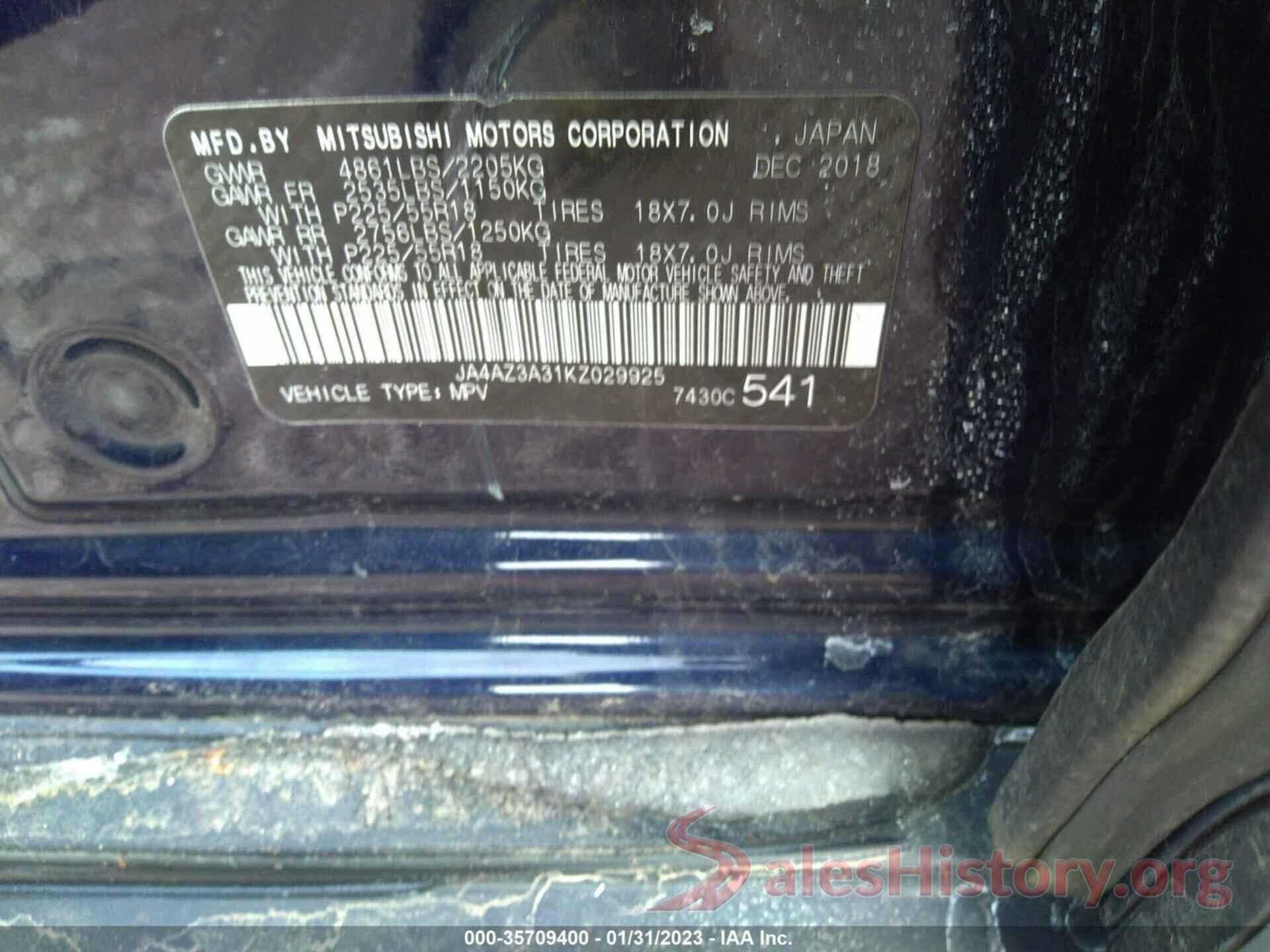 JA4AZ3A31KZ029925 2019 MITSUBISHI OUTLANDER