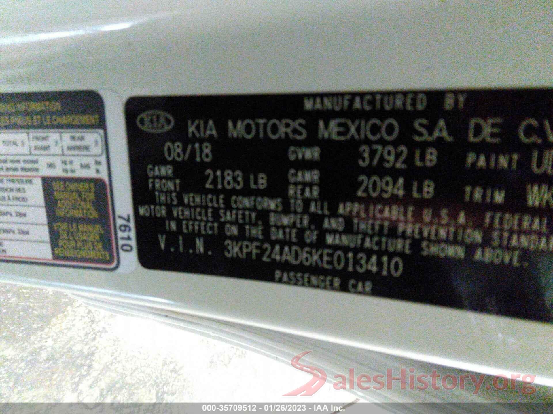 3KPF24AD6KE013410 2019 KIA FORTE