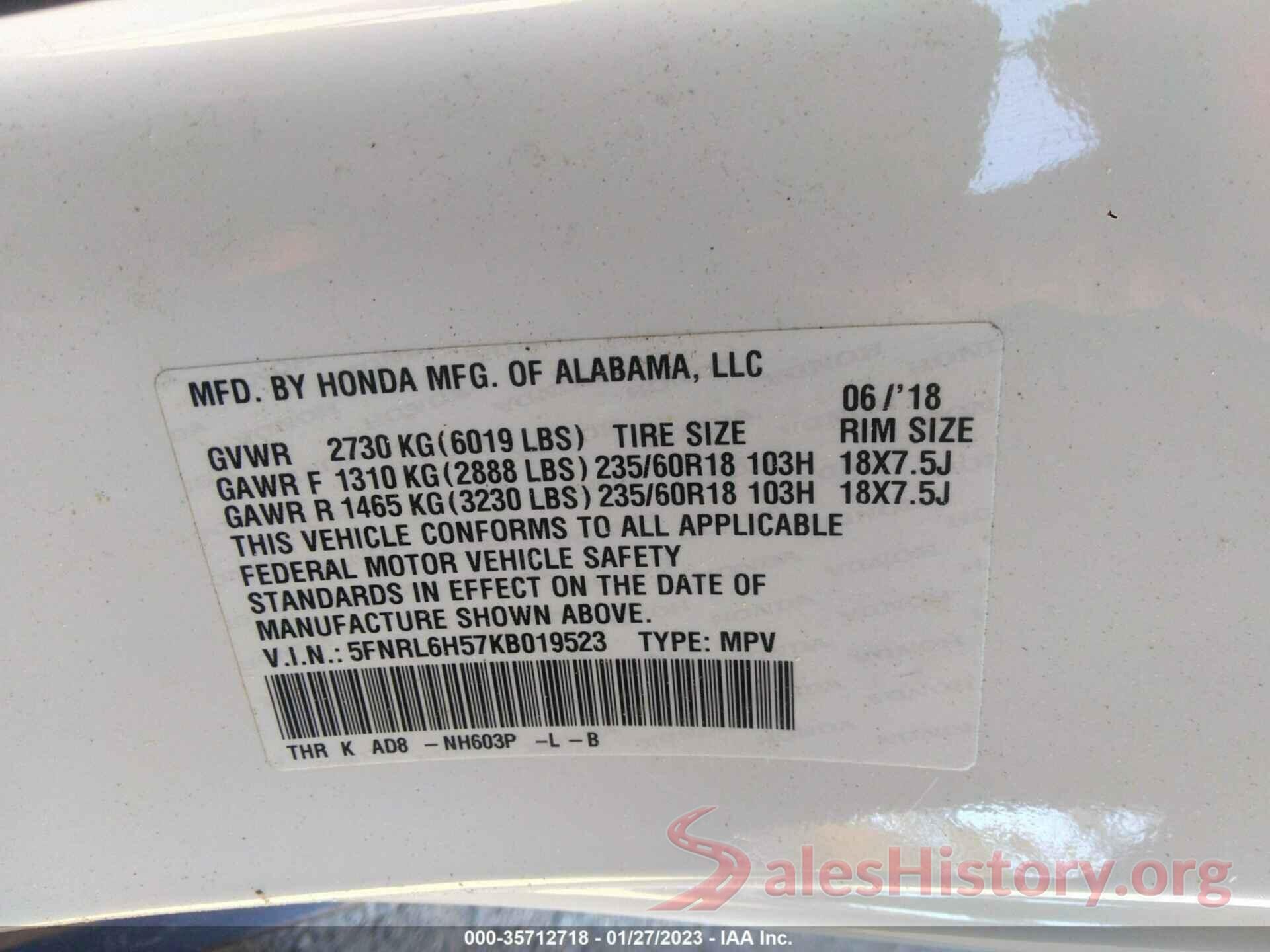 5FNRL6H57KB019523 2019 HONDA ODYSSEY