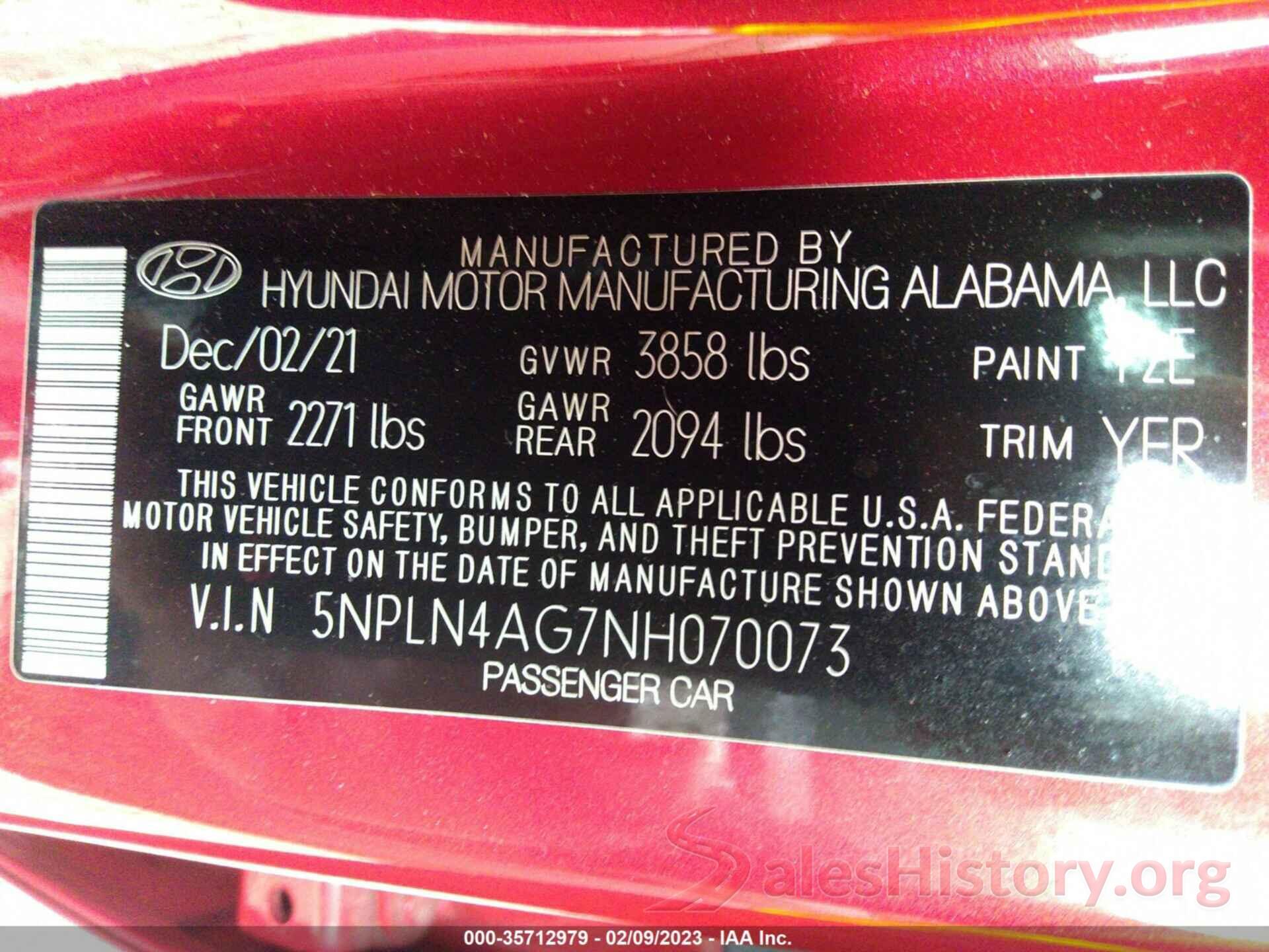 5NPLN4AG7NH070073 2022 HYUNDAI ELANTRA