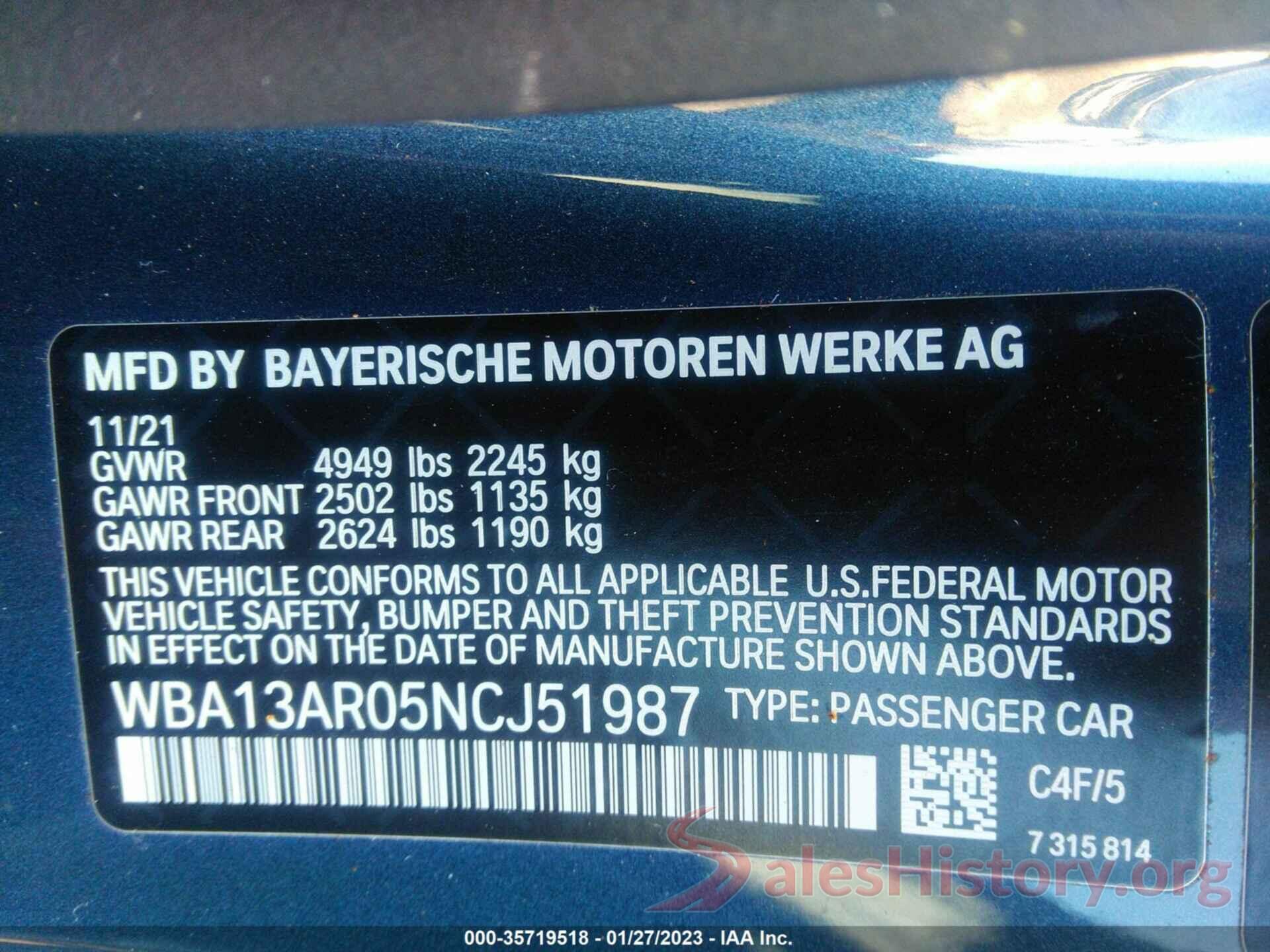 WBA13AR05NCJ51987 2022 BMW 4 SERIES