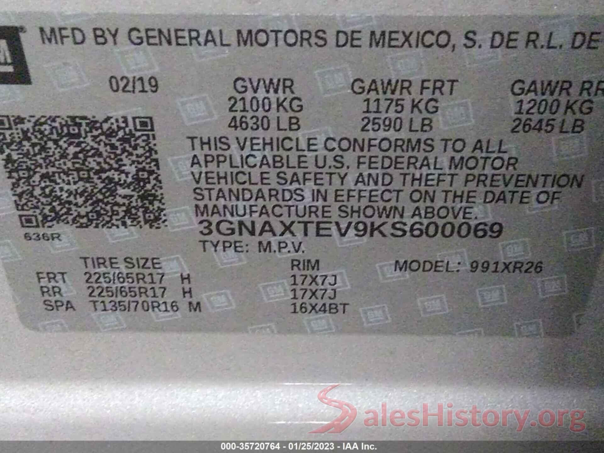 3GNAXTEV9KS600069 2019 CHEVROLET EQUINOX