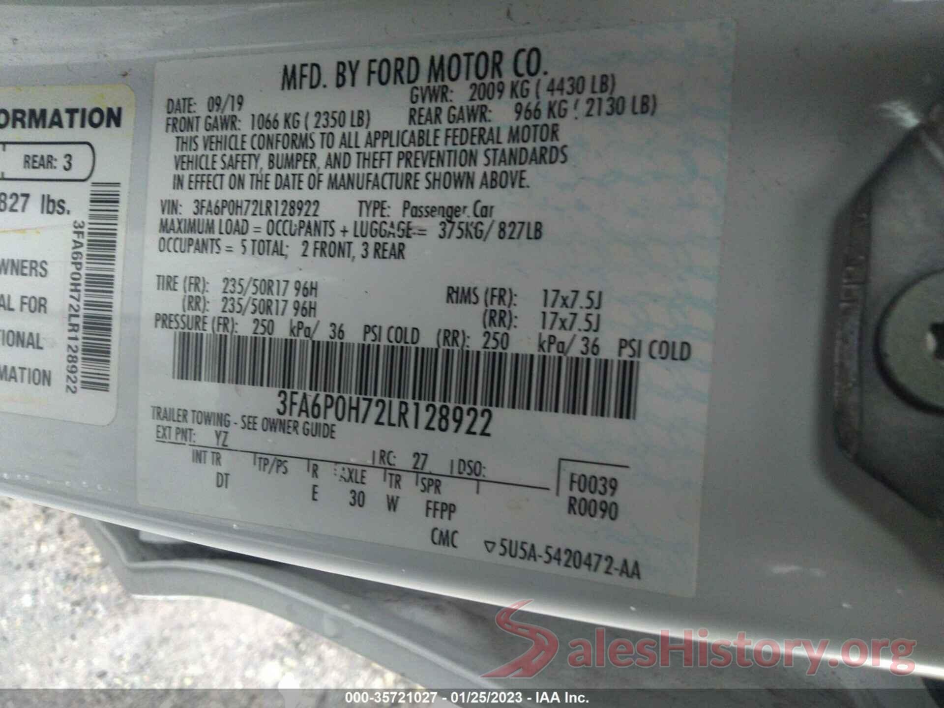 3FA6P0H72LR128922 2020 FORD FUSION