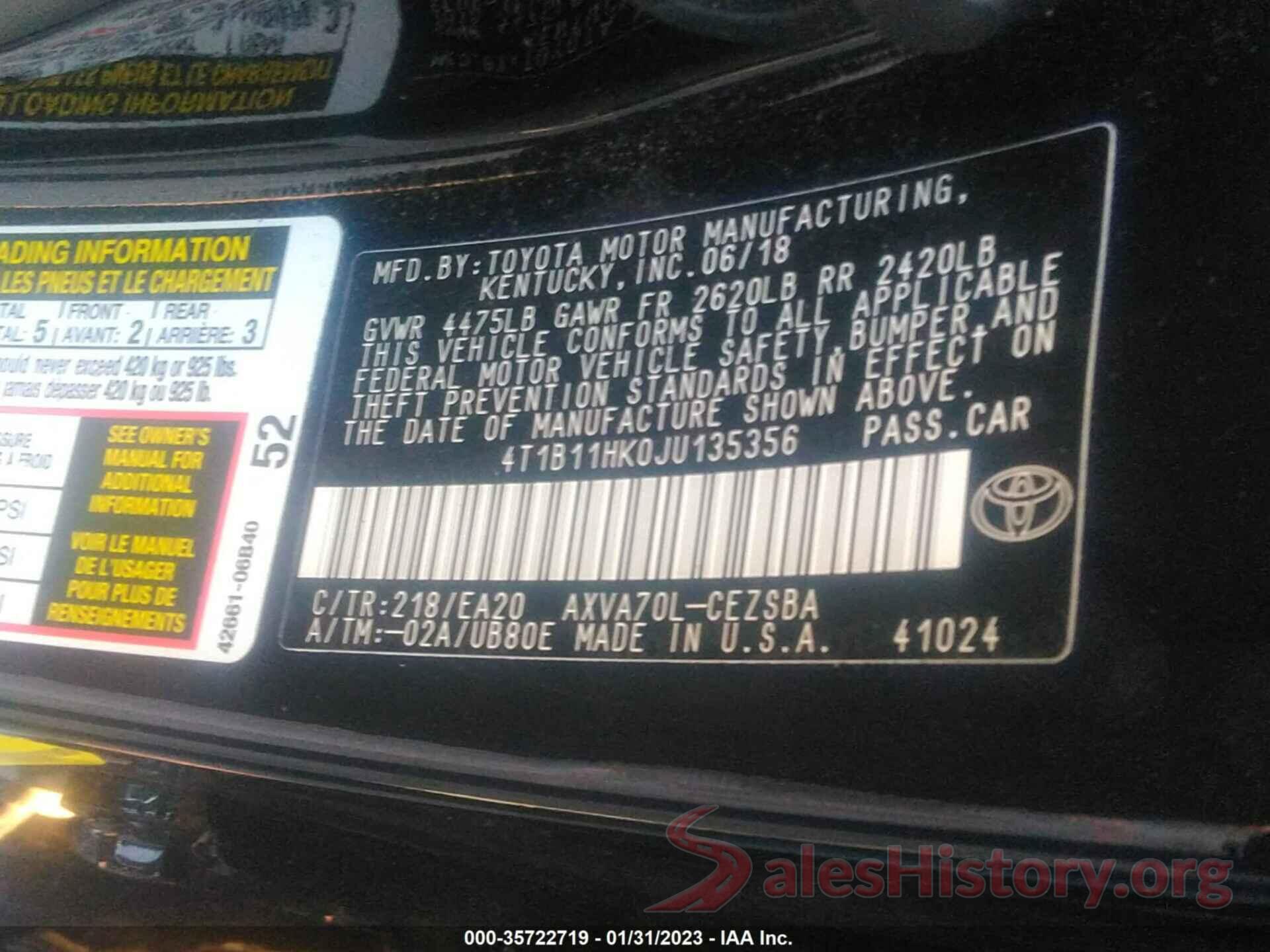 4T1B11HK0JU135356 2018 TOYOTA CAMRY