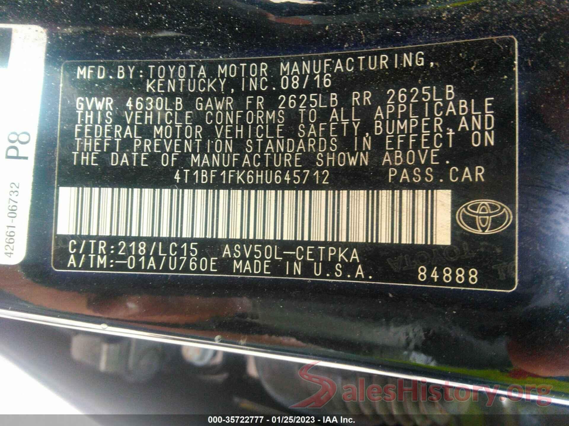 4T1BF1FK6HU645712 2017 TOYOTA CAMRY