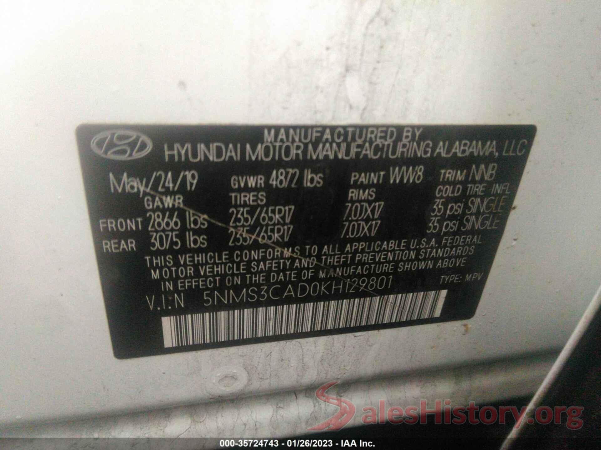 5NMS3CAD0KH129801 2019 HYUNDAI SANTA FE