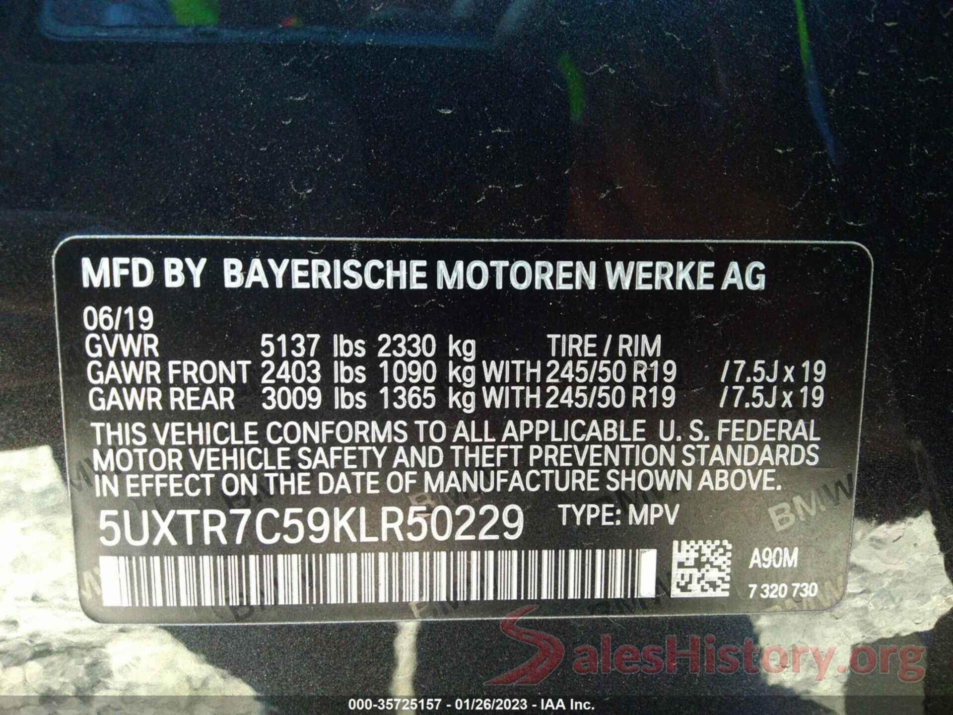 5UXTR7C59KLR50229 2019 BMW X3