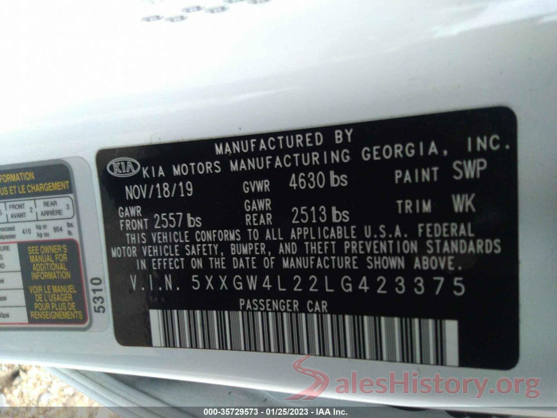 5XXGW4L22LG423375 2020 KIA OPTIMA