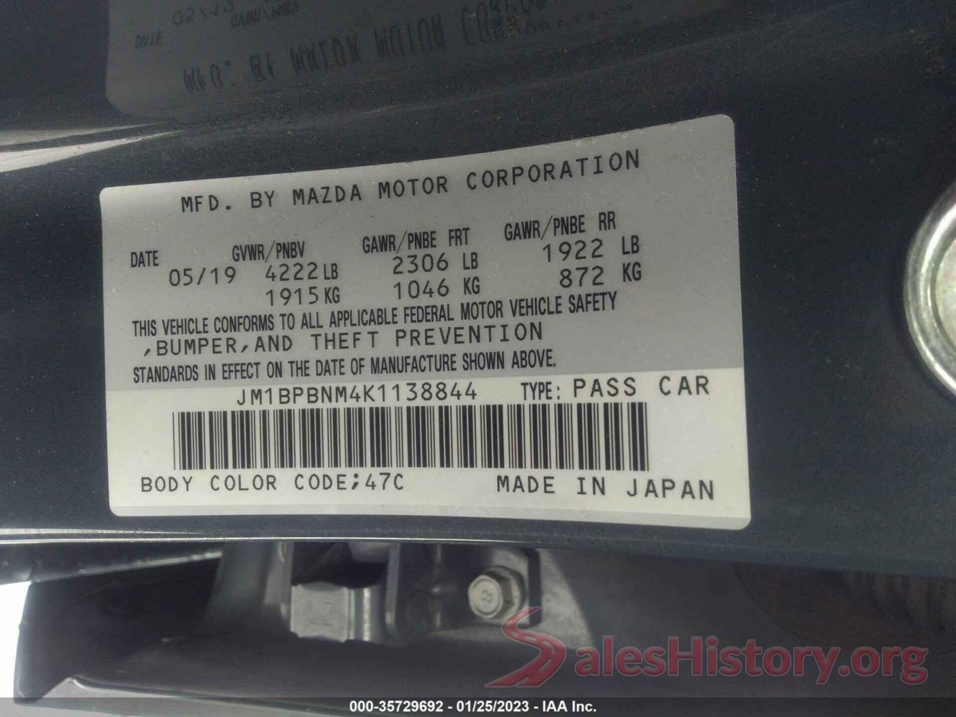 JM1BPBNM4K1138844 2019 MAZDA MAZDA3 HATCHBACK