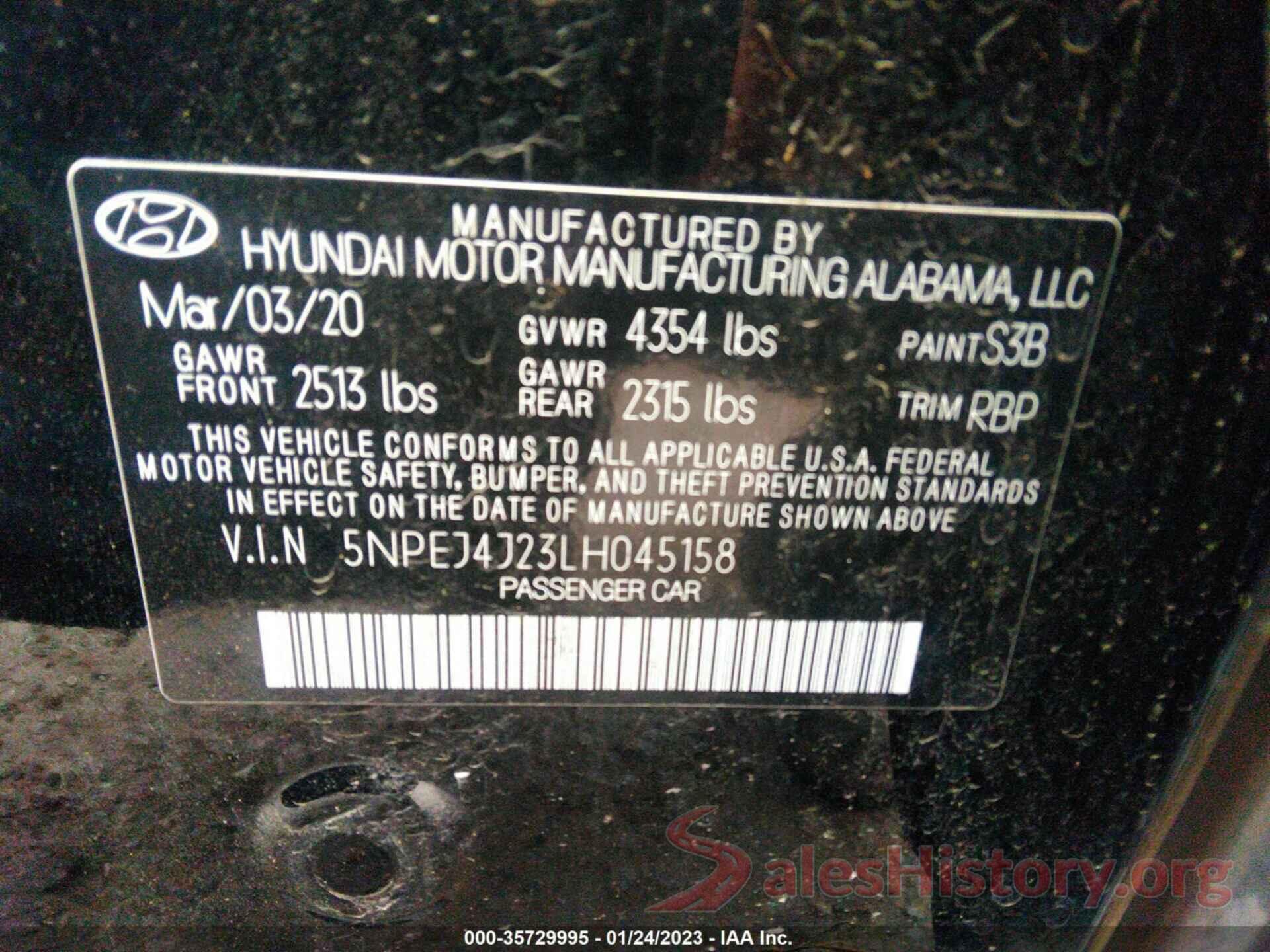 5NPEJ4J23LH045158 2020 HYUNDAI SONATA