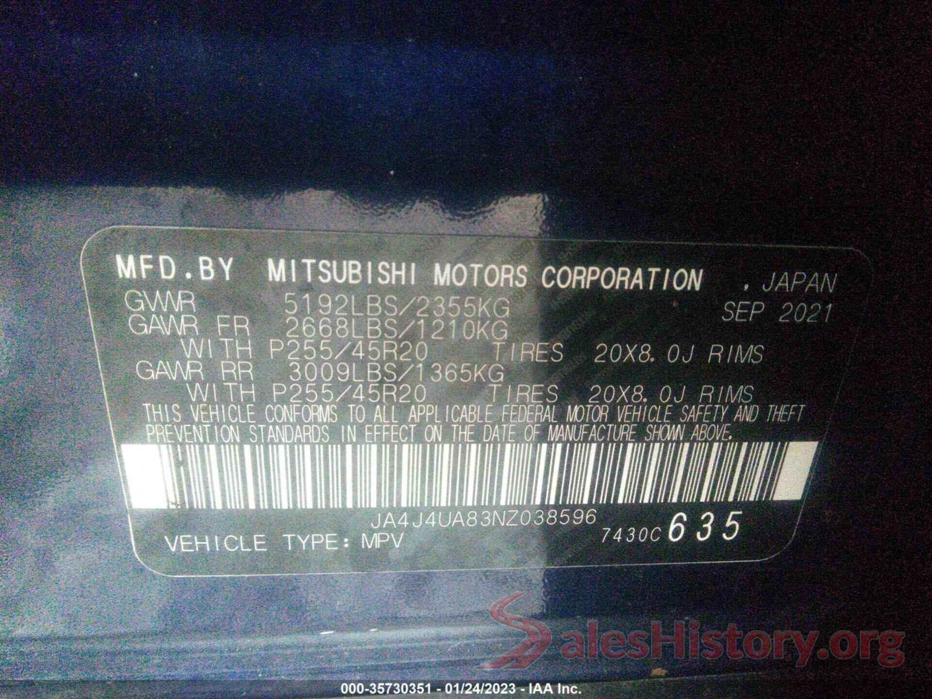 JA4J4UA83NZ038596 2022 MITSUBISHI OUTLANDER