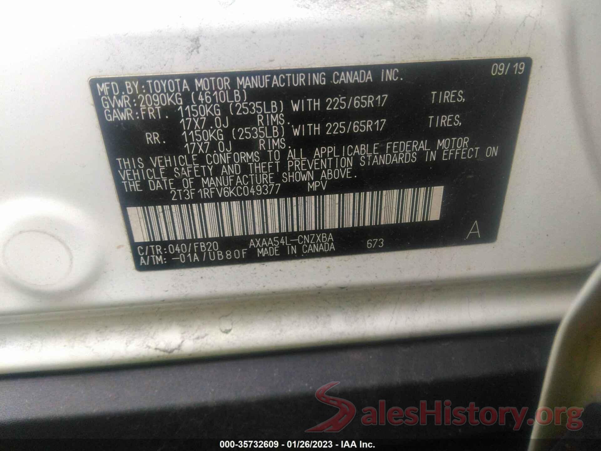 2T3F1RFV6KC049377 2019 TOYOTA RAV4