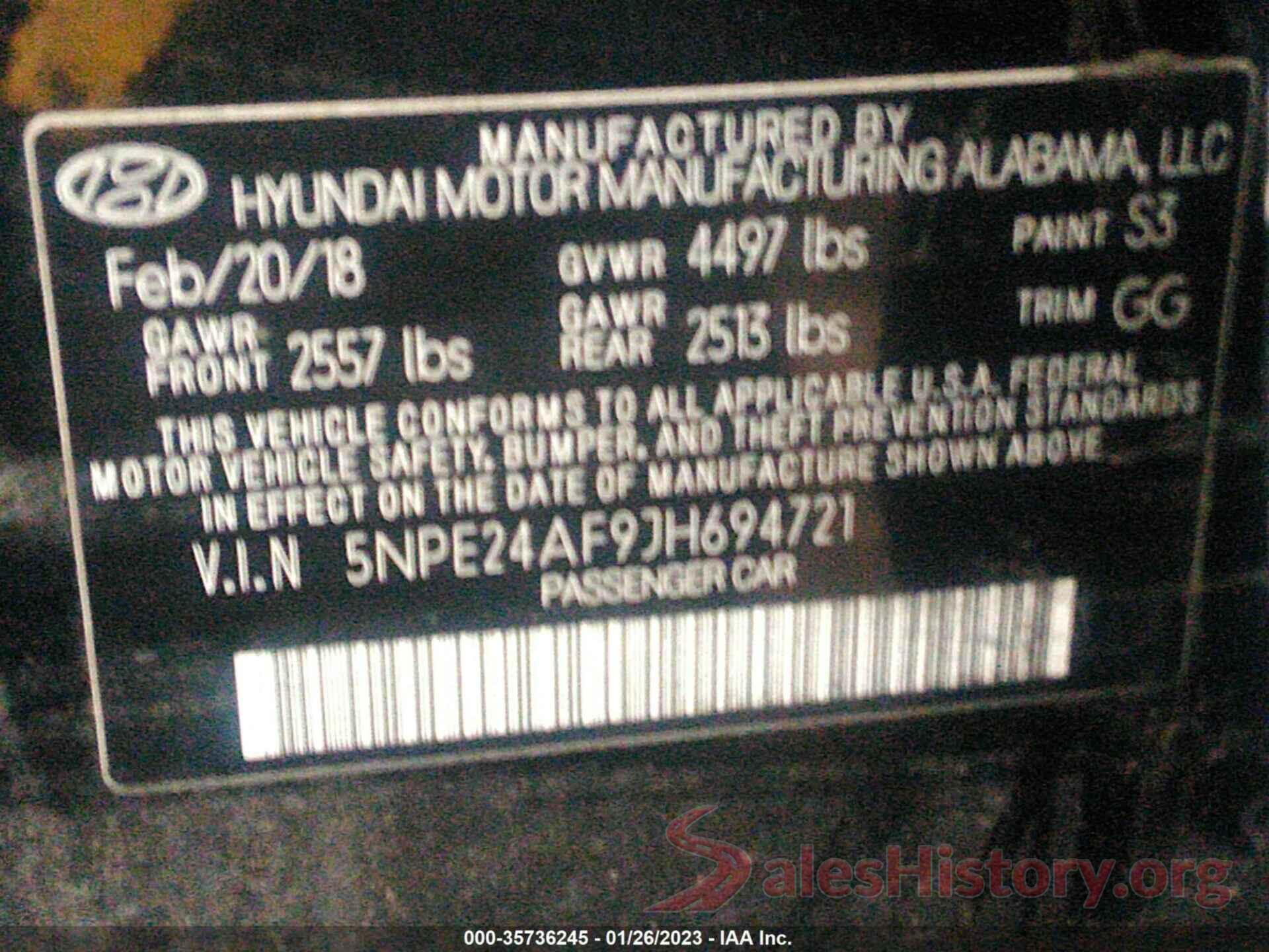 5NPE24AF9JH694721 2018 HYUNDAI SONATA